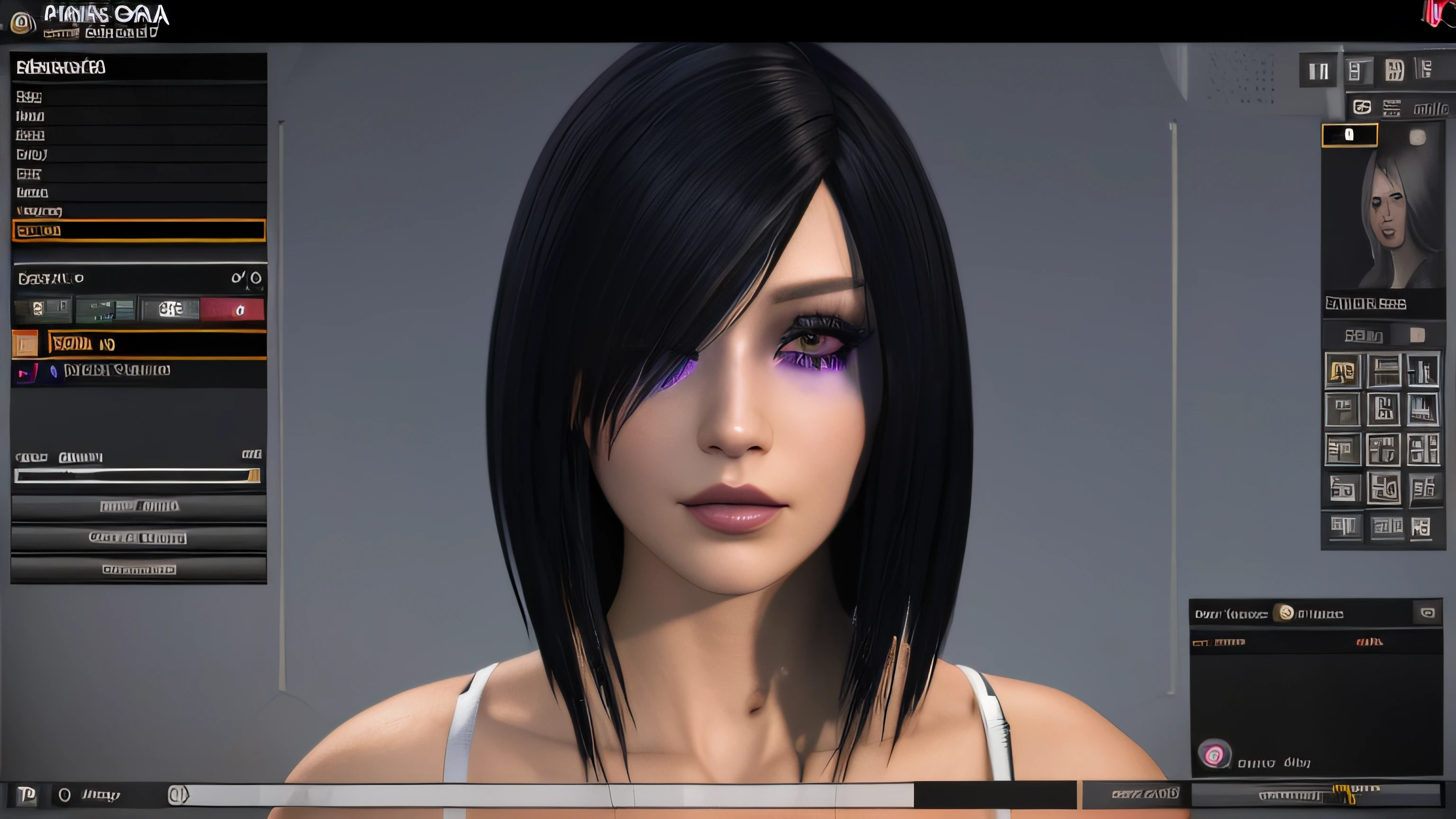 um close up de uma pessoa com cabelo preto e olhos roxos, Avatar do Second Life, com o rosto muito detalhado, Motor irreal : : maquiagem rave, ealistic shaded perfect face, dynamic black hair, rosto realisticamente renderizado, realistic face moody lighting, dark purple hair and cybernetics, rosto detalhado preciso, cabelo preto rosto bonito, rosto restaurado realista