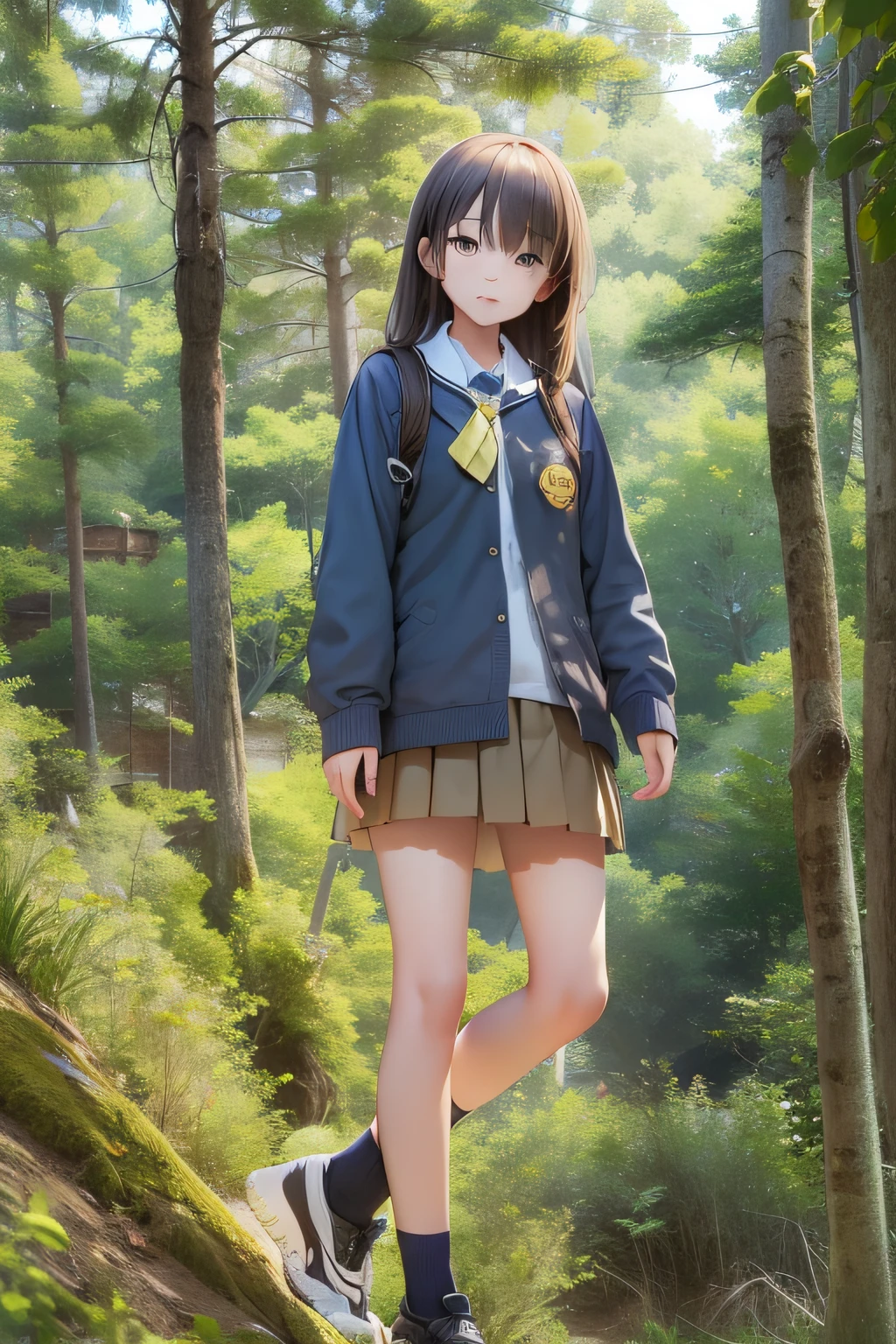 1 High School Girl、summer clothing、Climb the slope to school、tall trees on both sides、Looks cool、Looking at the camera