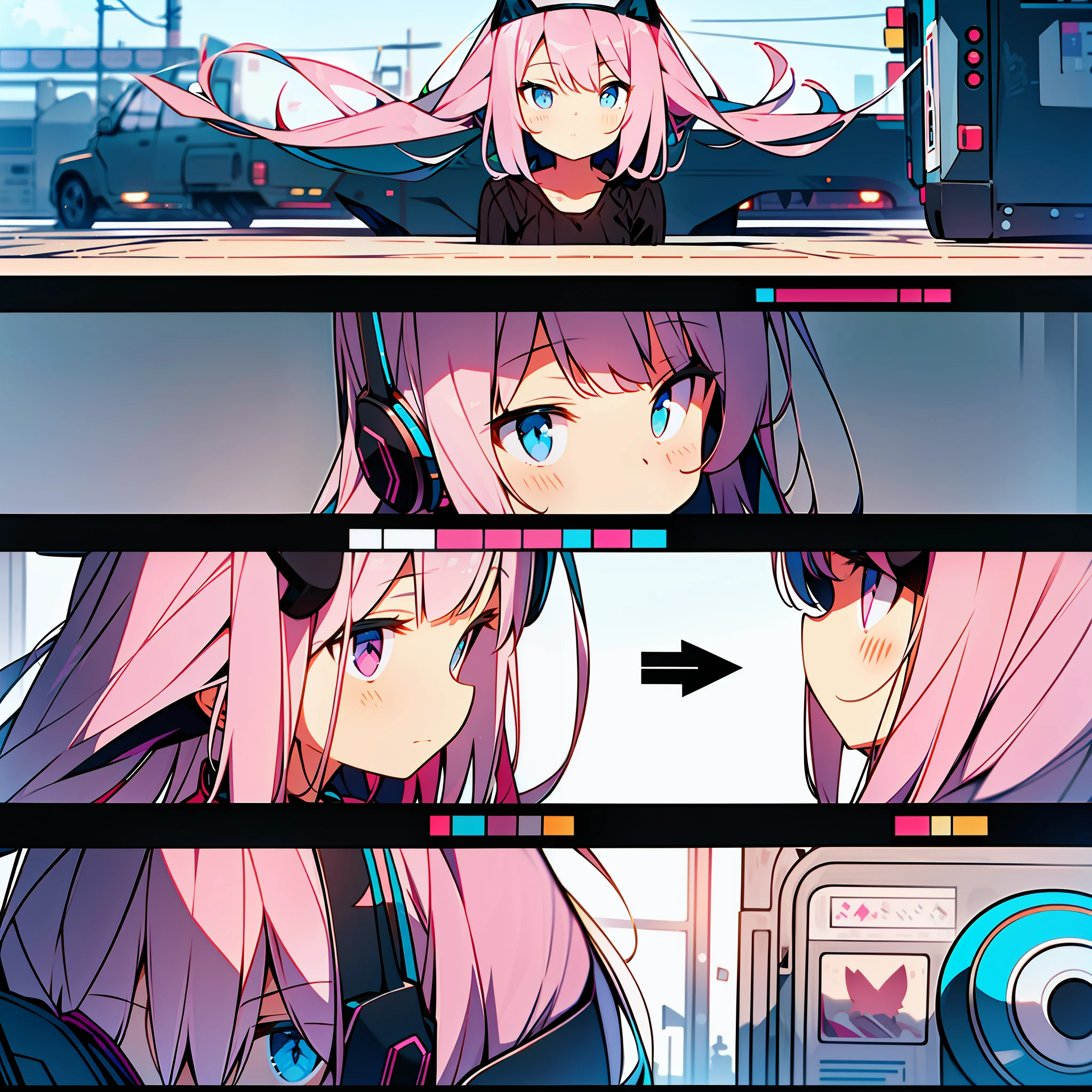 Cat ears girl wearing headphones various pink clothing designs，3×3 format image，A set of illustrations，The spacing between each element is equal，There is no overlap，Old memo kernel，Two image views，namely the frontview、the sideview、white backgrounid、Different image views  ，organic shapes and lines，illustratio，Flat illustration style，Flat illustration style，danish design"