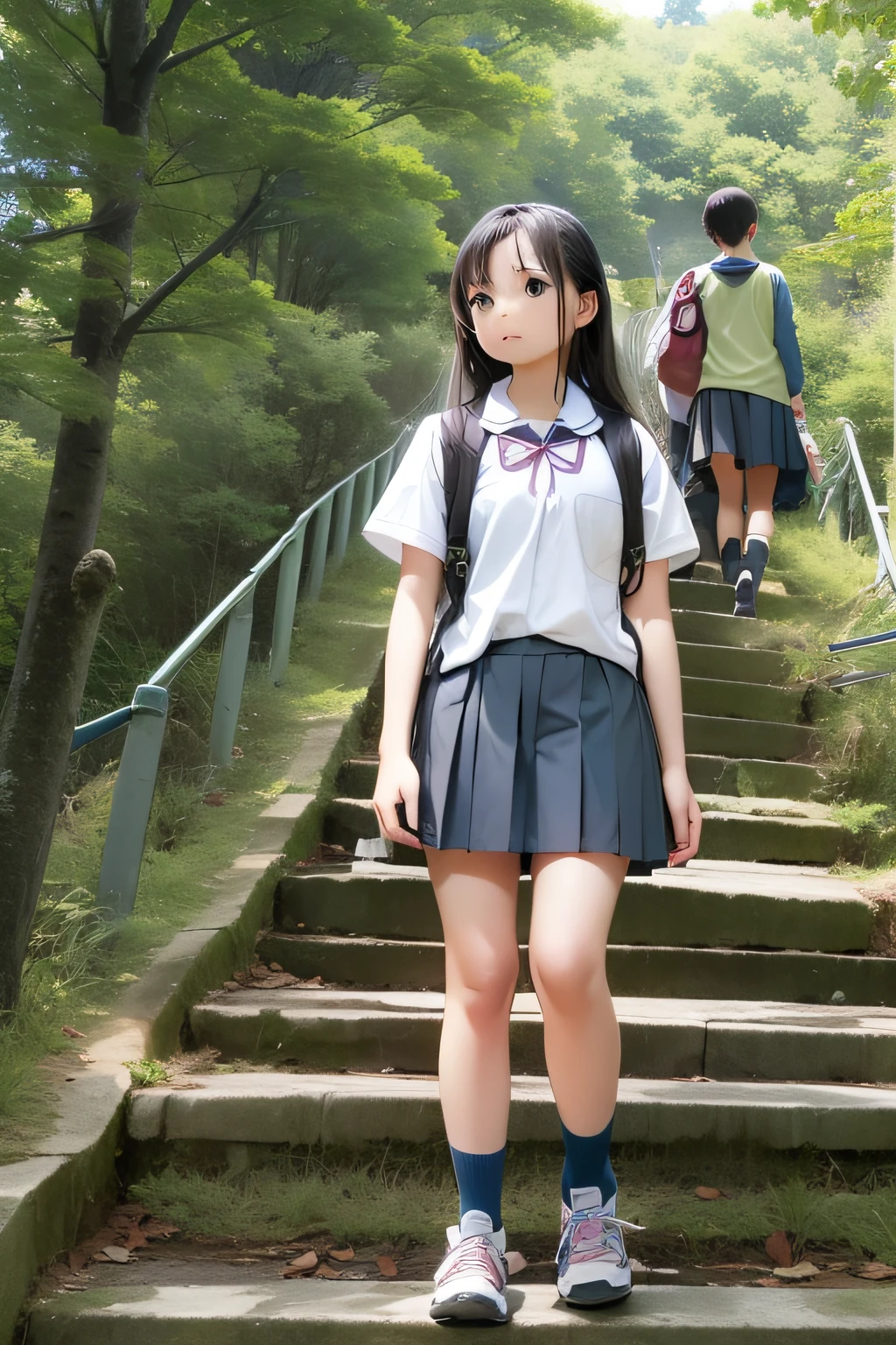 1 High School Girl、summer clothing、Climb the slope to school、tall trees on both sides、Looks cool、Looking at the camera