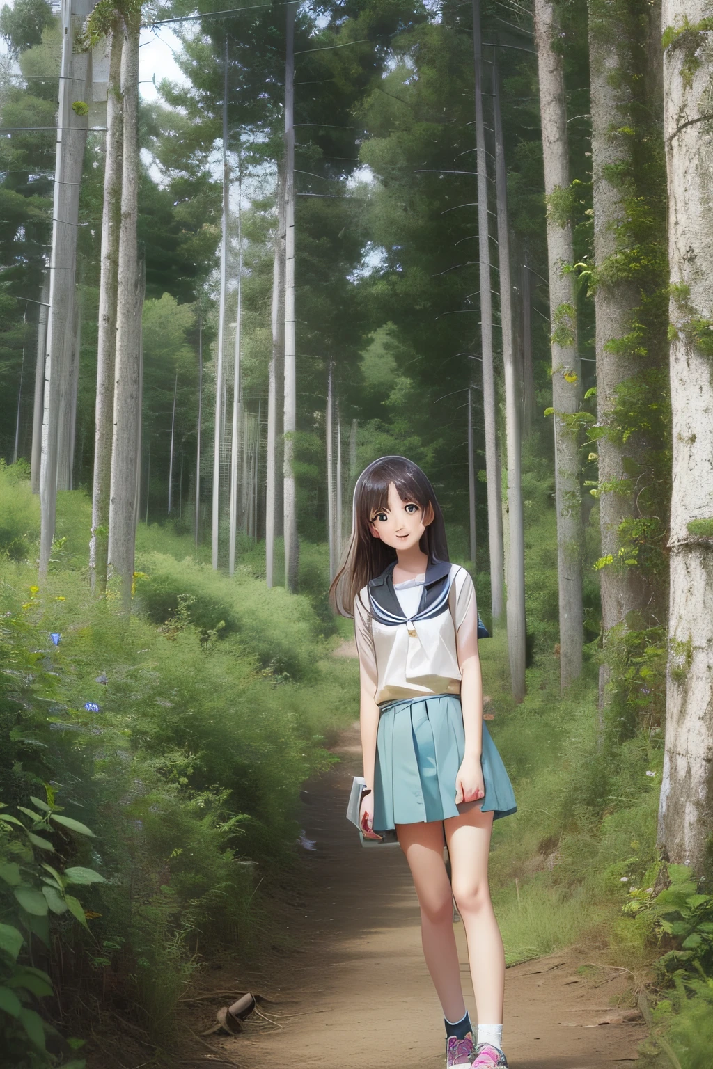 1 High School Girl、summer clothing、Climb the slope to school、tall trees on both sides、Looks cool、Looking at the camera