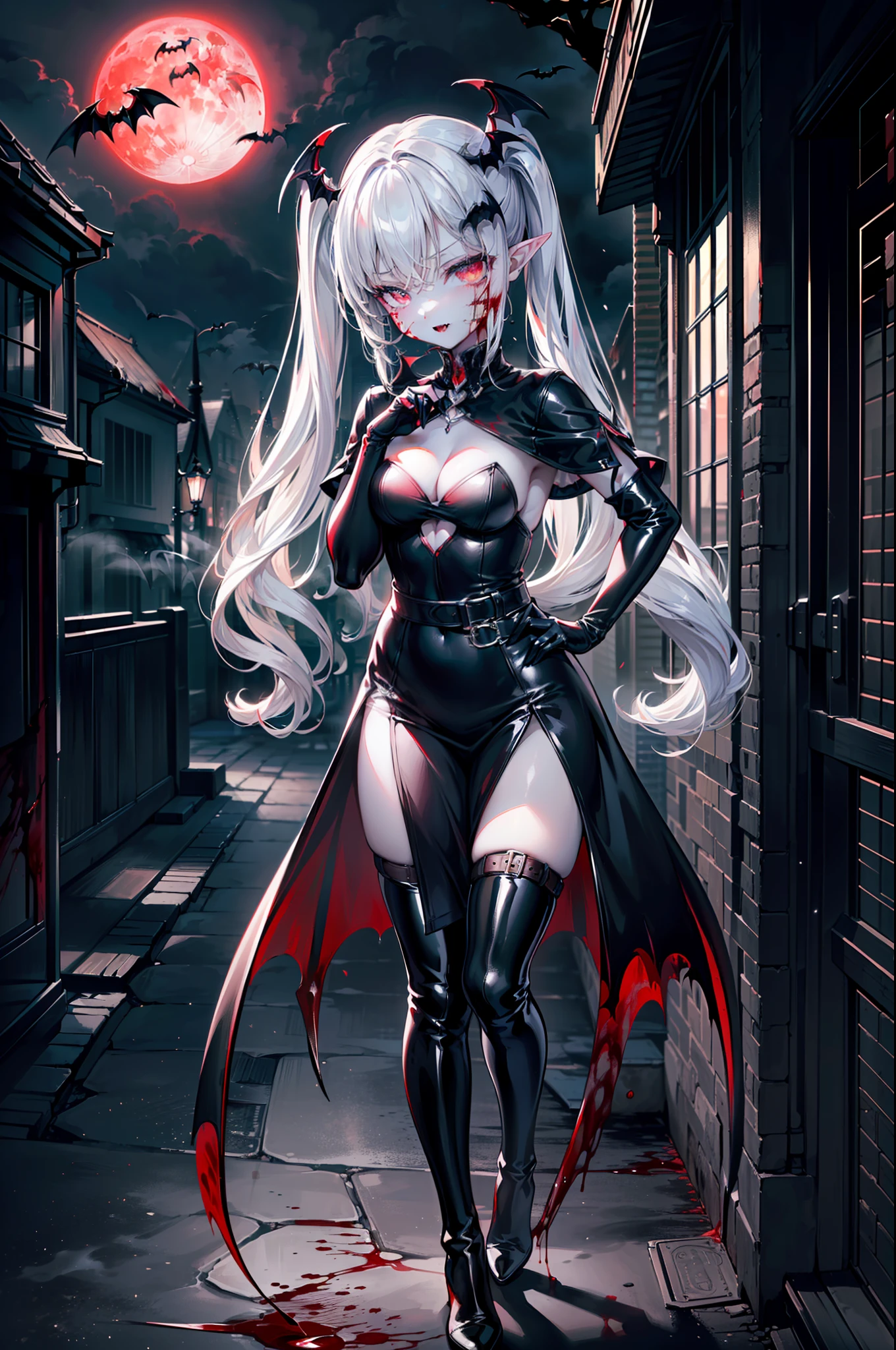 ((masterpiece, best quality, extremely detailed CG, unity 8k wallpaper,anatomically correct,ultra resolution)),Award-winning photography,(best illumination,Very Delicate and Beautiful),(one girl,solo,loli:1.5),(Vampire:1.5),silver hair,(twintails:1.2),glowing red eyes,pale skin,(extremely beautiful and detailed face:1.2), (extremely beautiful and detailed eyes:1.2),perfect hands,delicate legs,((bat hair ornament)),(graceful,fashion),pointy ears,((latex gown:1.45,black thigh boots,black elbow gloves,leg belt)),looking at viewer,hand on hip,hand to own mouth,head tilt,morbid smile,dark persona,evil,(cute:1.5),((night, dark atmosphere, dark theme, darkness:1.5)),dramatic shadows,(dimly lit:1.5),blood on face,blood on floor, blood on walls,(blood mist,blood splash:1.4),depth of field,(Bustling city:1.2,park:1.3), cloud, full moon, moon, moonlight, night sky, outdoors, blood moon, sky, star sky, starry sky,(perfect human body structure with maximum precision)