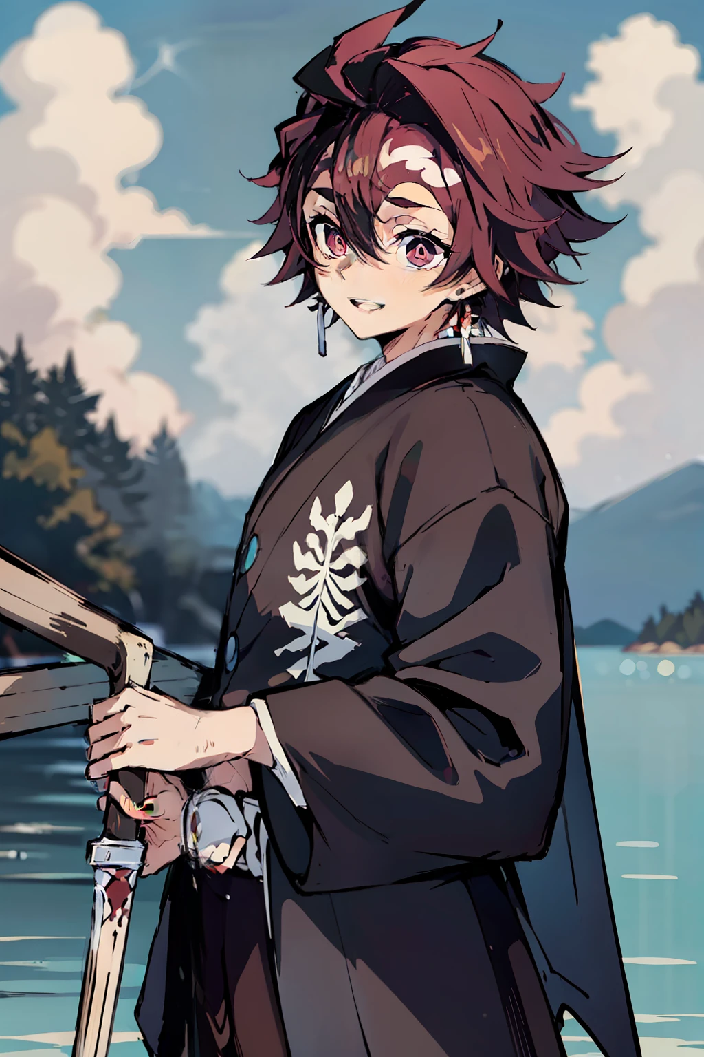 obra-prima, melhor qualidade, 1boy, Demon Slayer art, kimono preto, haori azul com nuvens brancas, roupas japonesas, cabelo longo, cabelo do Tomioka, mangas_longas, pele branca, cabelo de cor vermelha, (cor bem forte). Homem, olhos de cor azulada. Veste um kimono totalmente preto e um Haori decorado com nuvens brancas, uniforme. Segurando uma espada de cor azulada, Blue blade, glistening water, Water power, water breath. Sorrindo. Rosto masculino, corpo masculino, sem brinco.