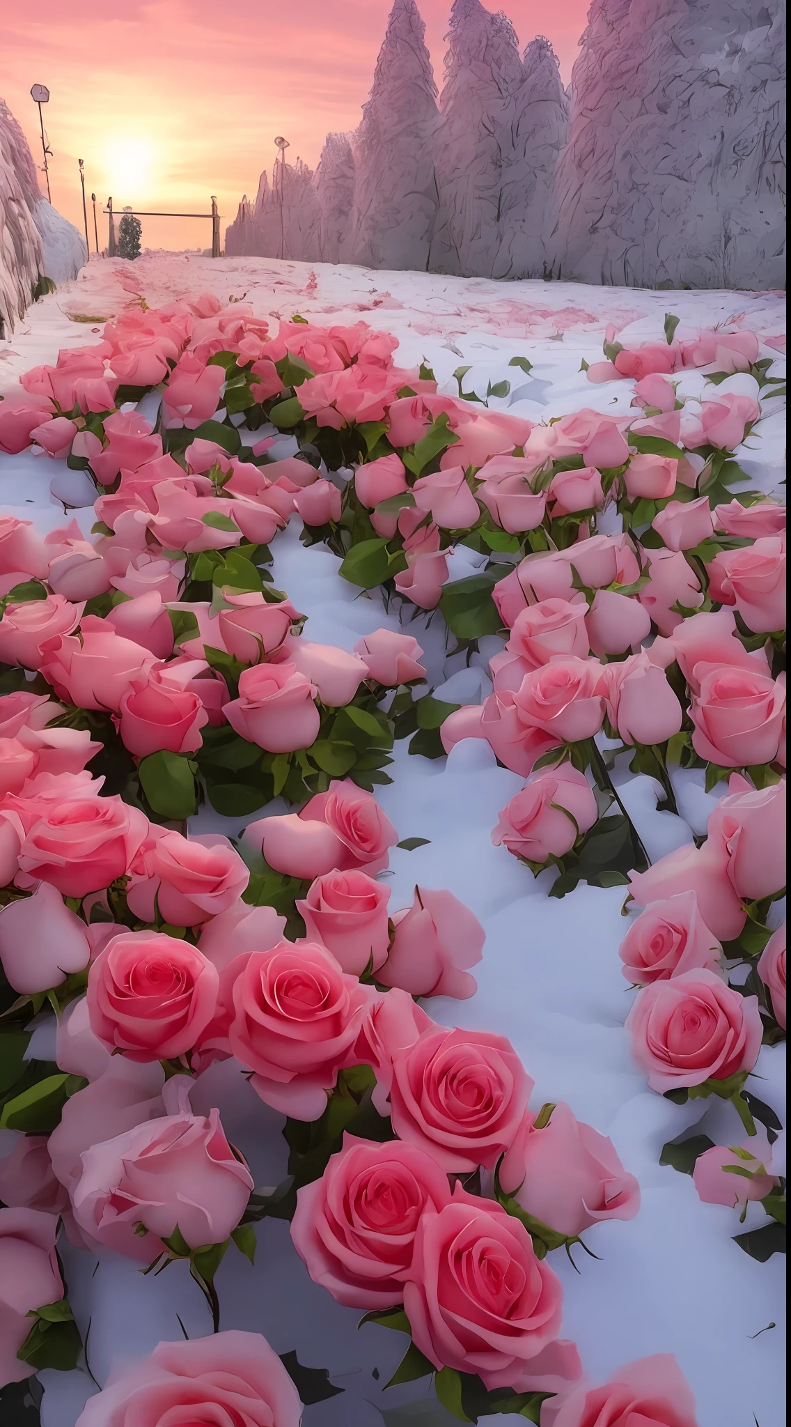 There are a lot of pink roses in the snow on the ground, pink and red colors, rosette, a few roses, with frozen flowers around her, rosses, red roses at the top, Rose garden, laying on roses, with snow covered colourful red, shades of pink, Rose, beautiful aesthetic, rose background, Rose background, more and more flowers,8K high quality detailed art