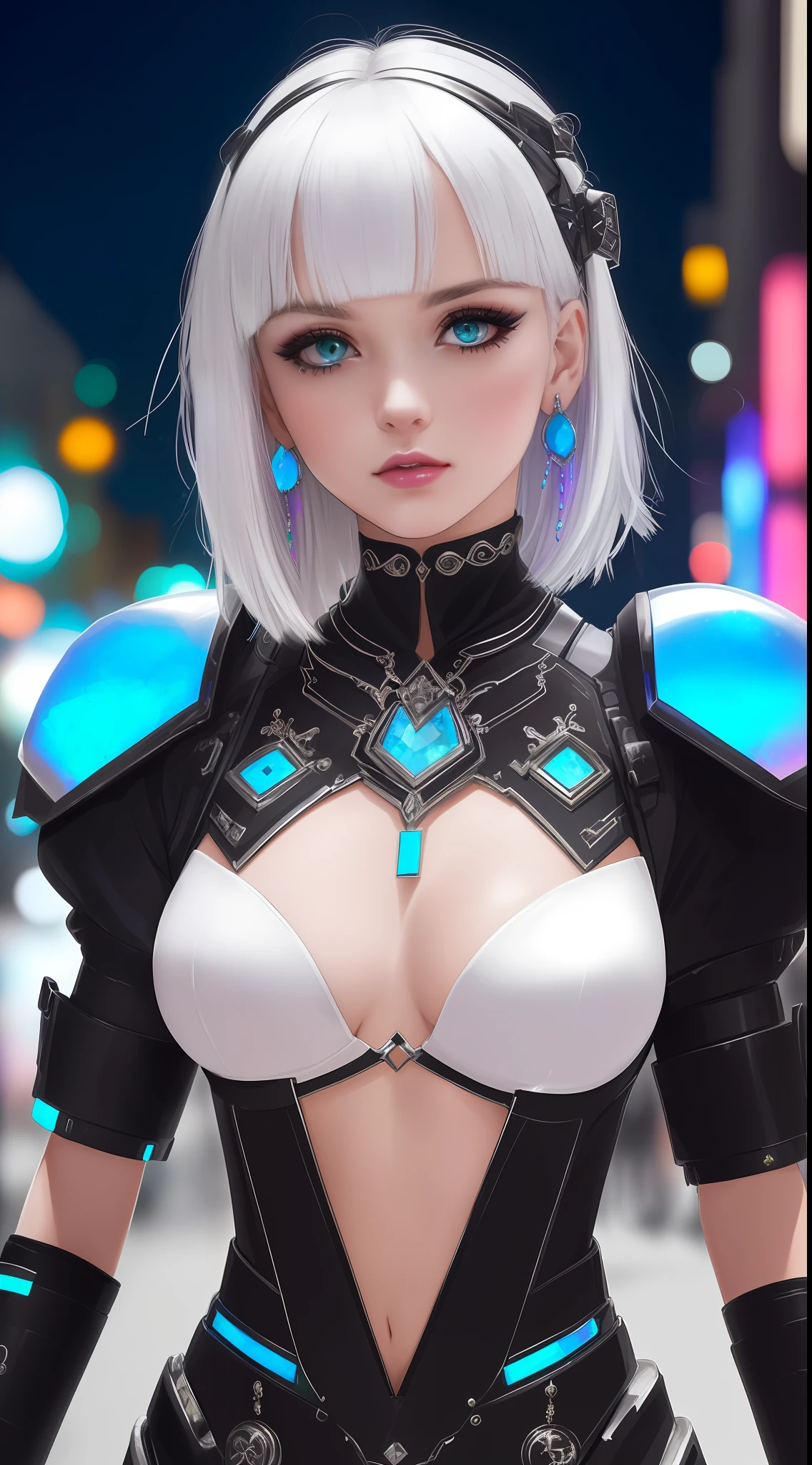 goth_punk,roblit,1girl,full body,navel,white and blue robot,solo,with a robotic Dragon pet wrapped around the body,medium shot,walking in Harajuku,((night time:1.2)),bokeh,neon light,(colourful background:1.2),iridescent eyes,starry sky,white shimmer hair,white eyebrow,glowing hair,(iridescent white hair),earrings,bangs,jewellery,blunt bangs,green eyes,hair ornament,looking at the viewer,short hair,portrait,sidelocks,
