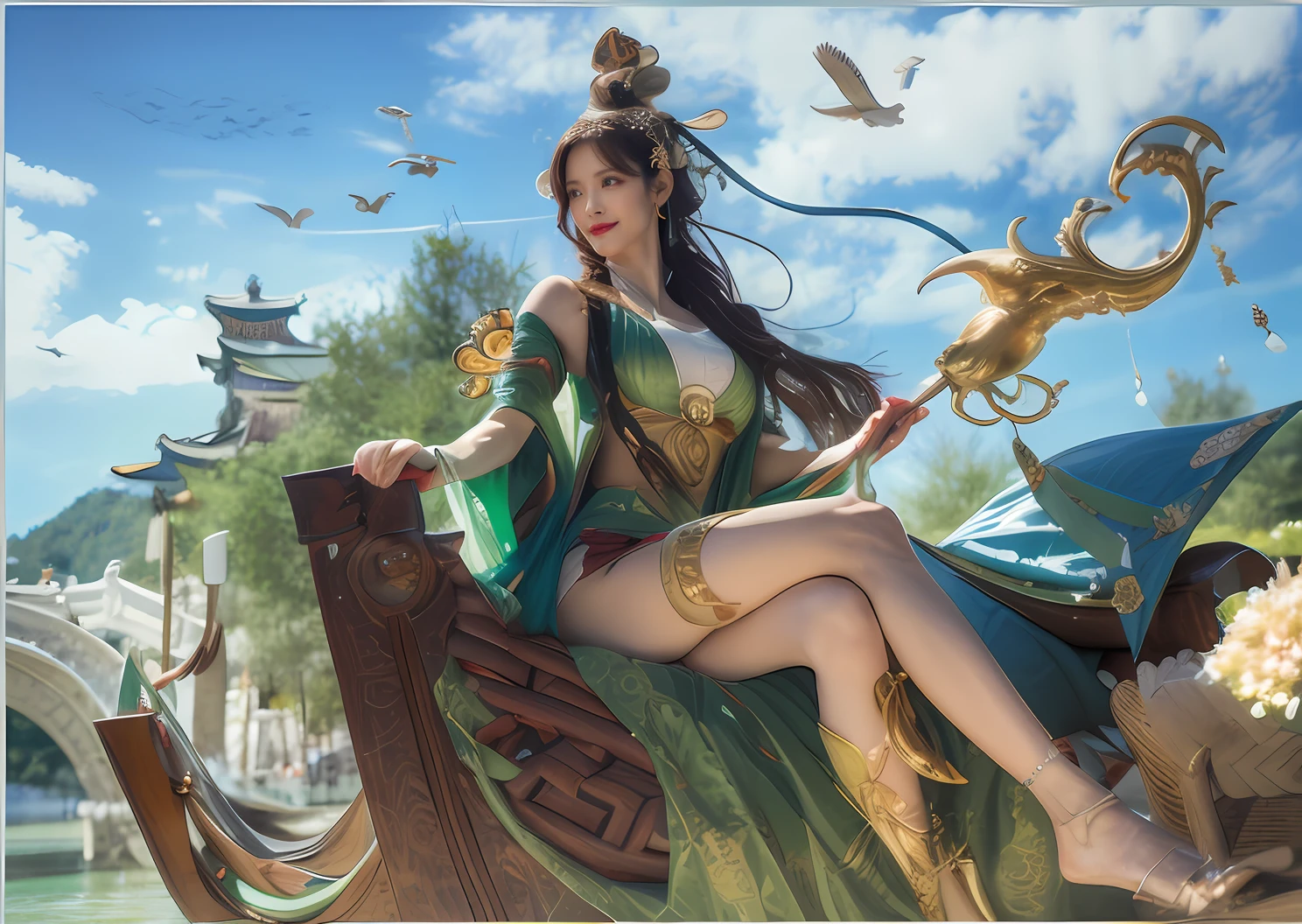 Ancient Chinese female aristocracy，Middle Age，aged 40，详细的脸，Beautiful and dignified，kindliness，Aristocratic temperament，Wearing a tall golden-blue hairpin，Floating blue ribbon，Sitting on a wooden boat，Leaning on the boat with your left hand，Holding a gold cane in his right hand，The staff glows blue，Jirou legs，There are gold ornaments on the calves，Wear green luxury*Damask skirt，No shoes，Behind it are the small bridge and mountain temple of the flowing water of the ancient town，The sky is clear，The sky is blue，There were seagulls flying by，Background bokeh，high high quality，illustrious，best qualtiy，hyper HD，RAW photos