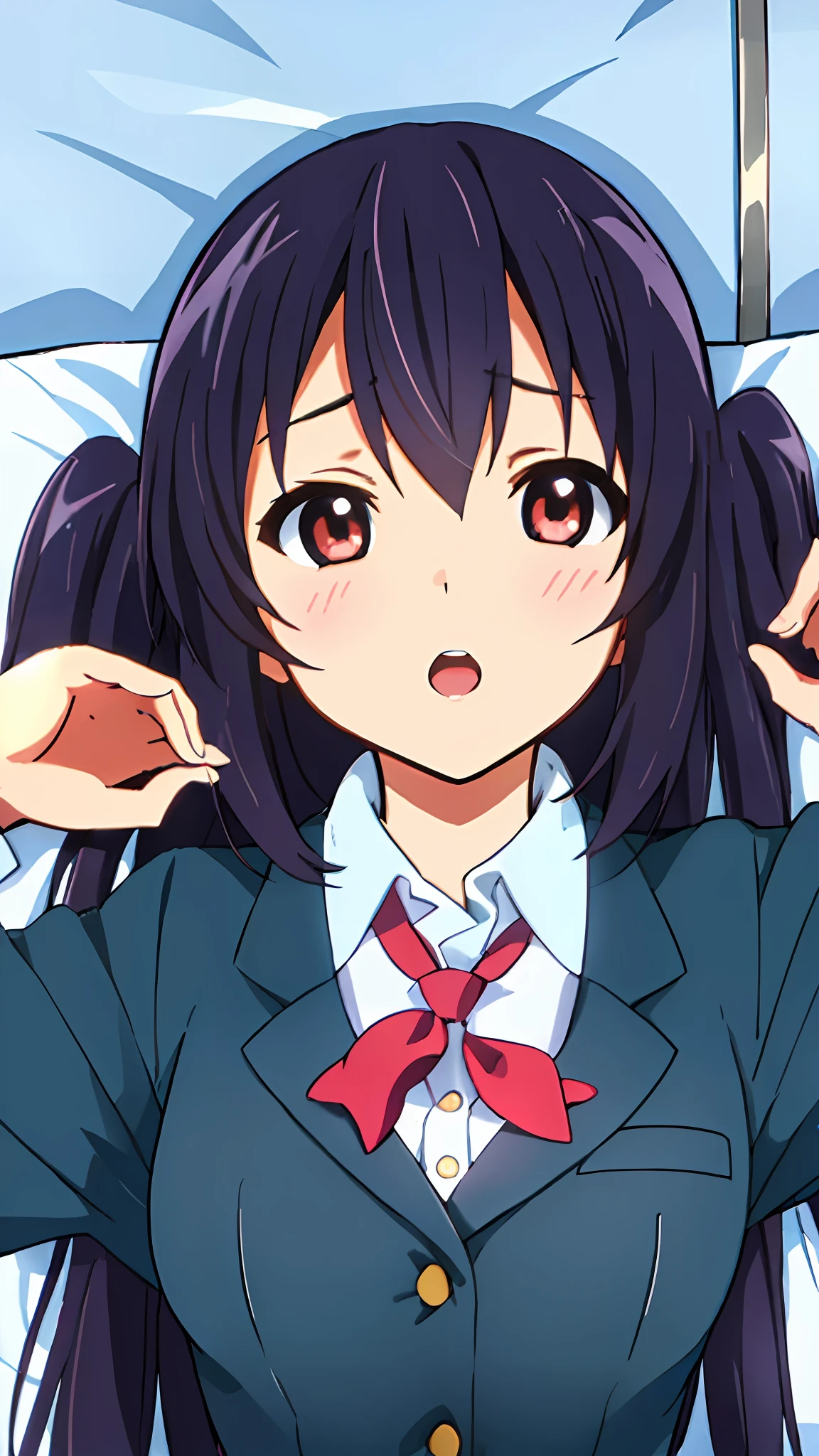 1girl, (((​masterpiece))), top-quality, top-quality, High Details, nakano azusa, 1girl, Sakuragaoka High School Uniform, student clothes, Twin-tailed, length hair, A dark-haired, brown-eyed, 独奏, reddish, Dark blue blazer with thin red ribbon, Solid white buttoned shirt under blazer, illustratio, comic strip, soothing tones, Subdued Color, Soft cinematic light, adobe lightroom, photolab, HDR, intricately and hyper-detailed、(((depth of fields))))。(((​masterpiece)))。(((top-quality))).)((ultra-detailliert)))。(((illustratio)))。(((a bed))).dynamic focus.big breasts.(((Face of sadness))). open mouth.(((lie on one's side))).(((up chest))).((evening glow)).((the setting sun)).PILLOWS