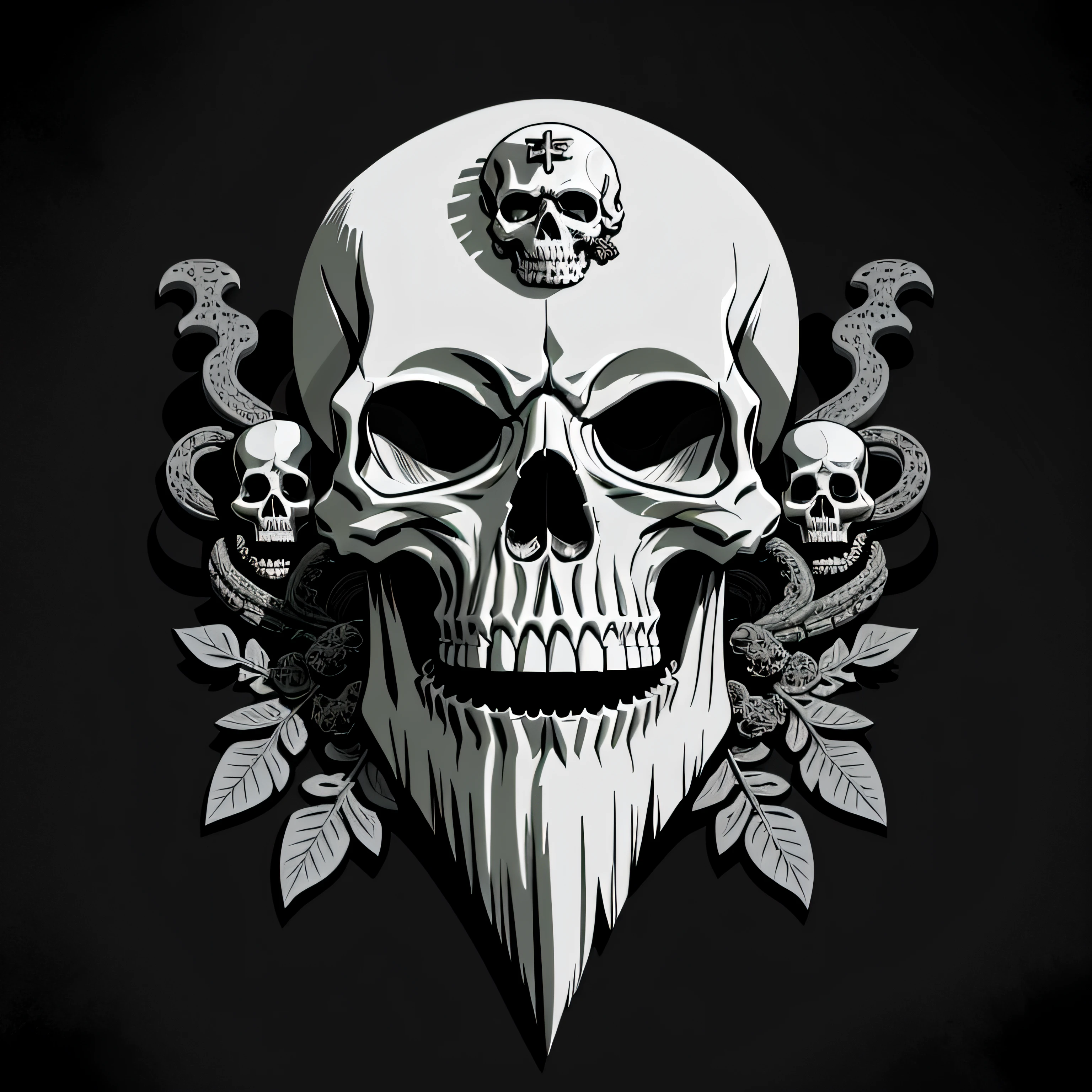 Black and white vectorized drawing of a skull with an ornate beard with roots on a dark background, War skulls, with a crown of skulls, fantasy skull, sacred skull, adorned with skulls of angels and demons, escudo de moto clube, crown of skulls, , skull and bones, morphing skulls, sacred skulls, skulls around, altamente detalhado, Preto e branco, bordado, cruz de cristo na testa