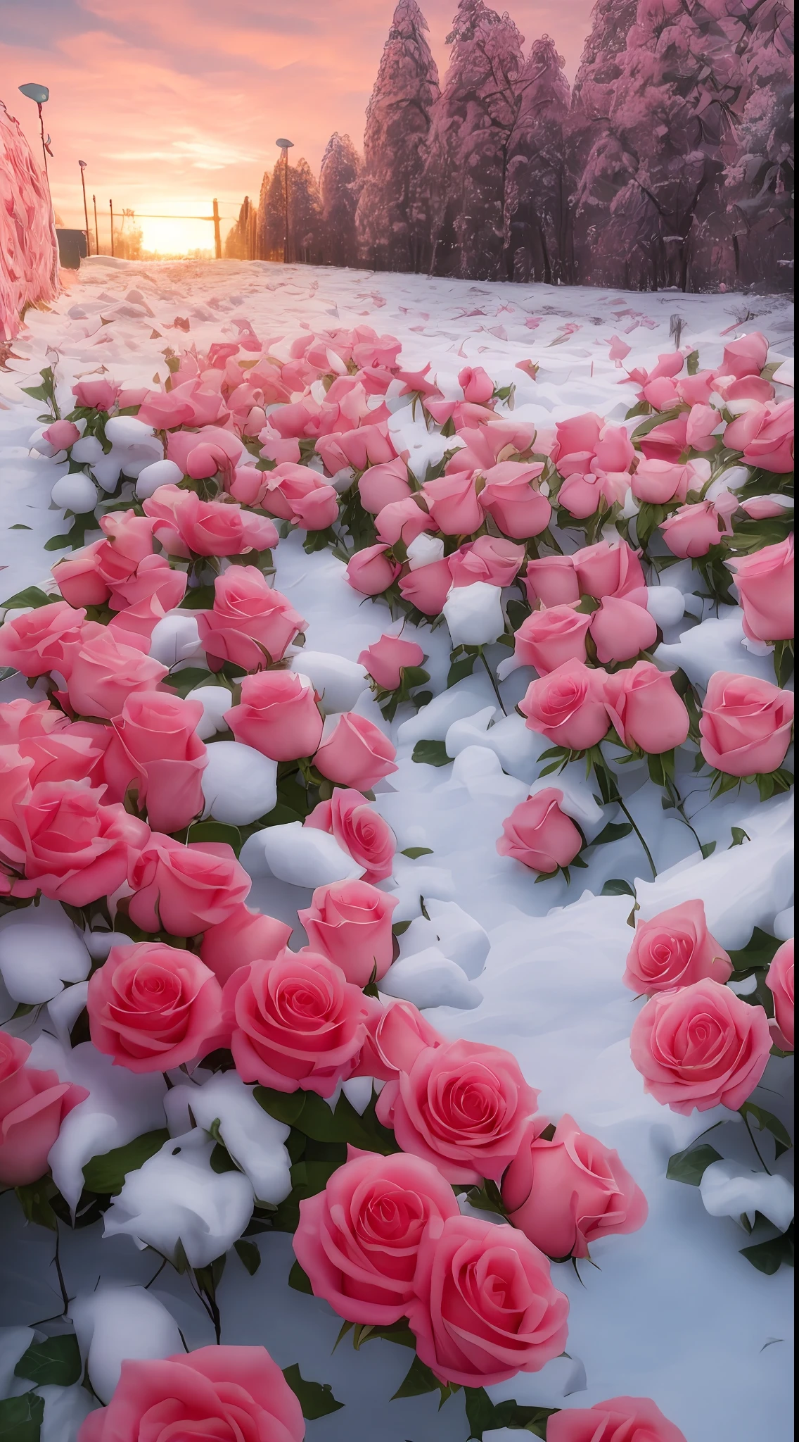 There are a lot of pink roses in the snow on the ground, pink and red colors, rosette, a few roses, with frozen flowers around her, rosses, red roses at the top, Rose garden, laying on roses, with snow covered colourful red, shades of pink, Rose, beautiful aesthetic, rose background, Rose background, more and more flowers,8K high quality detailed art