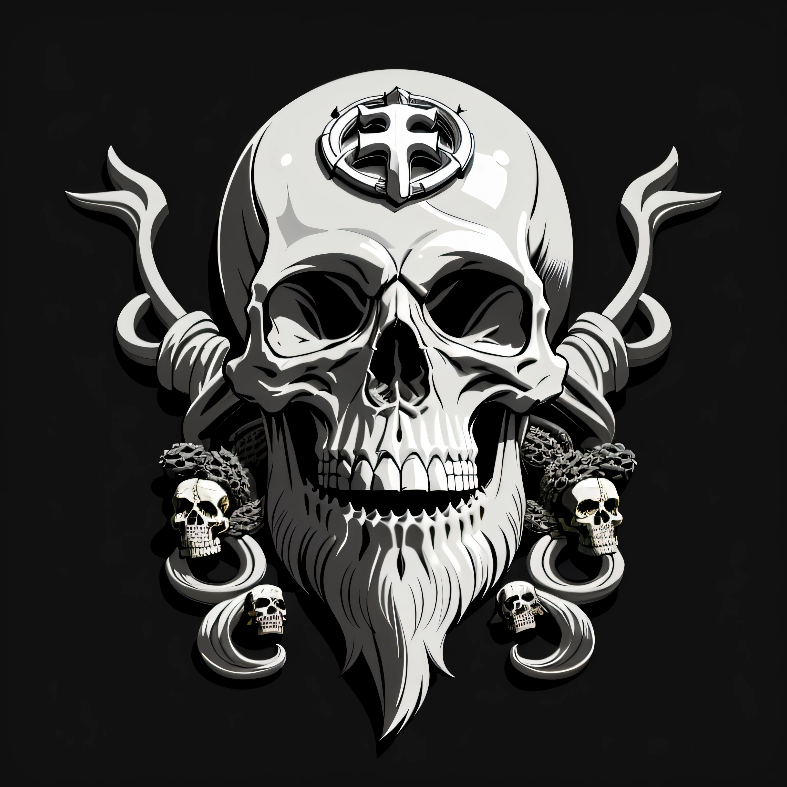 Black and white vectorized drawing of a skull with an ornate beard with roots on a dark background, War skulls, with a crown of skulls, fantasy skull, sacred skull, adorned with skulls of angels and demons, escudo de moto clube, crown of skulls, , skull and bones, morphing skulls, sacred skulls, skulls around, altamente detalhado, Preto e branco, bordado, cruz de cristo na testa