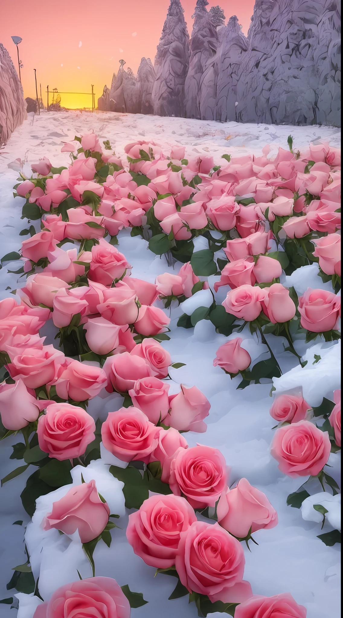 There are a lot of pink roses in the snow on the ground, pink and red colors, rosette, a few roses, with frozen flowers around her, rosses, red roses at the top, Rose garden, laying on roses, with snow covered colourful red, shades of pink, Rose, beautiful aesthetic, rose background, Rose background, more and more flowers,8K high quality detailed art
