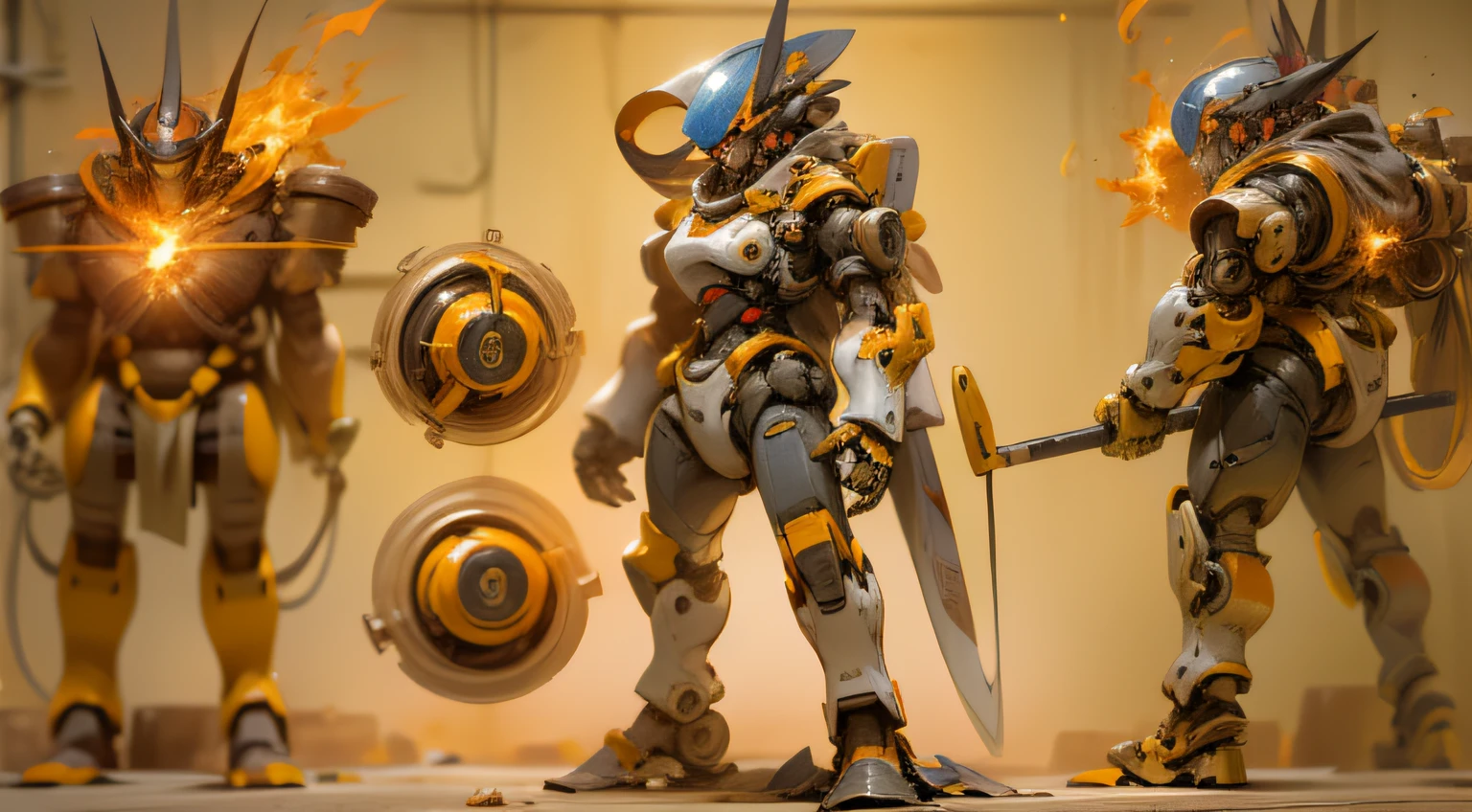Picture a towering, mechanical figure, a robot interpretation of Hephaestus, the Greek god of fire and forge. The robot's design is rugged and powerful, built to endure strenuous tasks. Its arms, capable of delivering potent strikes, and its body, shielded with heat-resistant materials, are highlighted. The color scheme is a vibrant mix of warm tones, with various intensities of red, orange, and gold, embodying Hephaestus's association with fire. The robot wields a massive hammer, an emblem of Hephaestus, and a solid anvil is positioned at its base. The robot possesses the ability to forge items, echoing Hephaestus's role as a blacksmith deity, with skills in metalworking and tool creation. The robot is also designed to withstand extreme heat. The style should echo concept art of Greek deities transformed into robots, with a mechanical and colossal robot aesthetic. The lighting should emphasize the warm hues, with a powerful light source creating dramatic shadows. The composition should be a wide-angle shot, capturing the robot's full height, using a high-resolution 16k camera with a 16:9 aspect ratio, raw style, and a quality setting of 2. The shot should be taken with a 750mm lens, resulting in a detailed, hyper-realistic image.