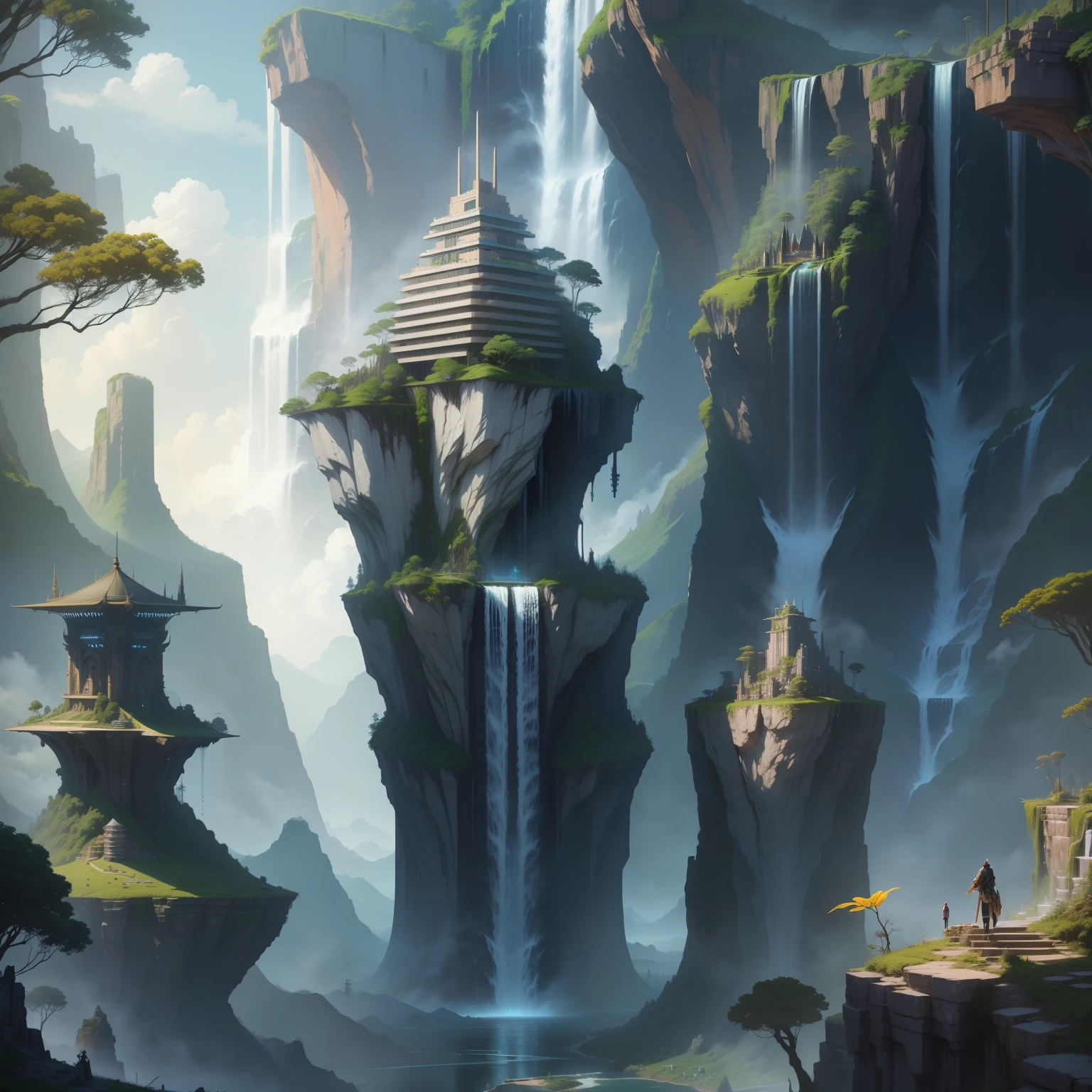 Scale big、Huge buildings towering high in the sky and powerful waterfalls、Depicting the highest quality masterpieces of the lush wilderness fantasy world。In ultra-high resolution、Characterized by vivid colors cyberpunked SF Future World