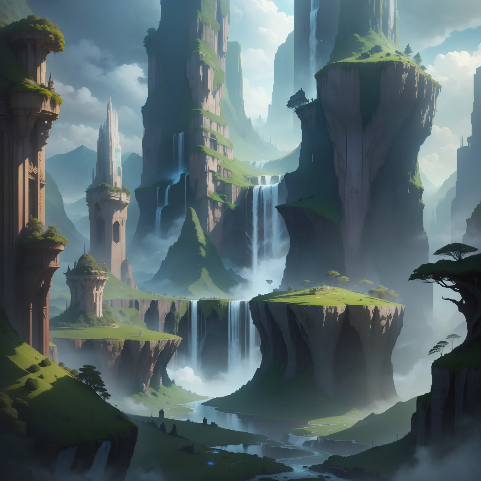 Scale big、Huge buildings towering high in the sky and powerful waterfalls、Depicting the highest quality masterpieces of the lush wilderness fantasy world。In ultra-high resolution、Characterized by vivid colors cyberpunked SF Future World