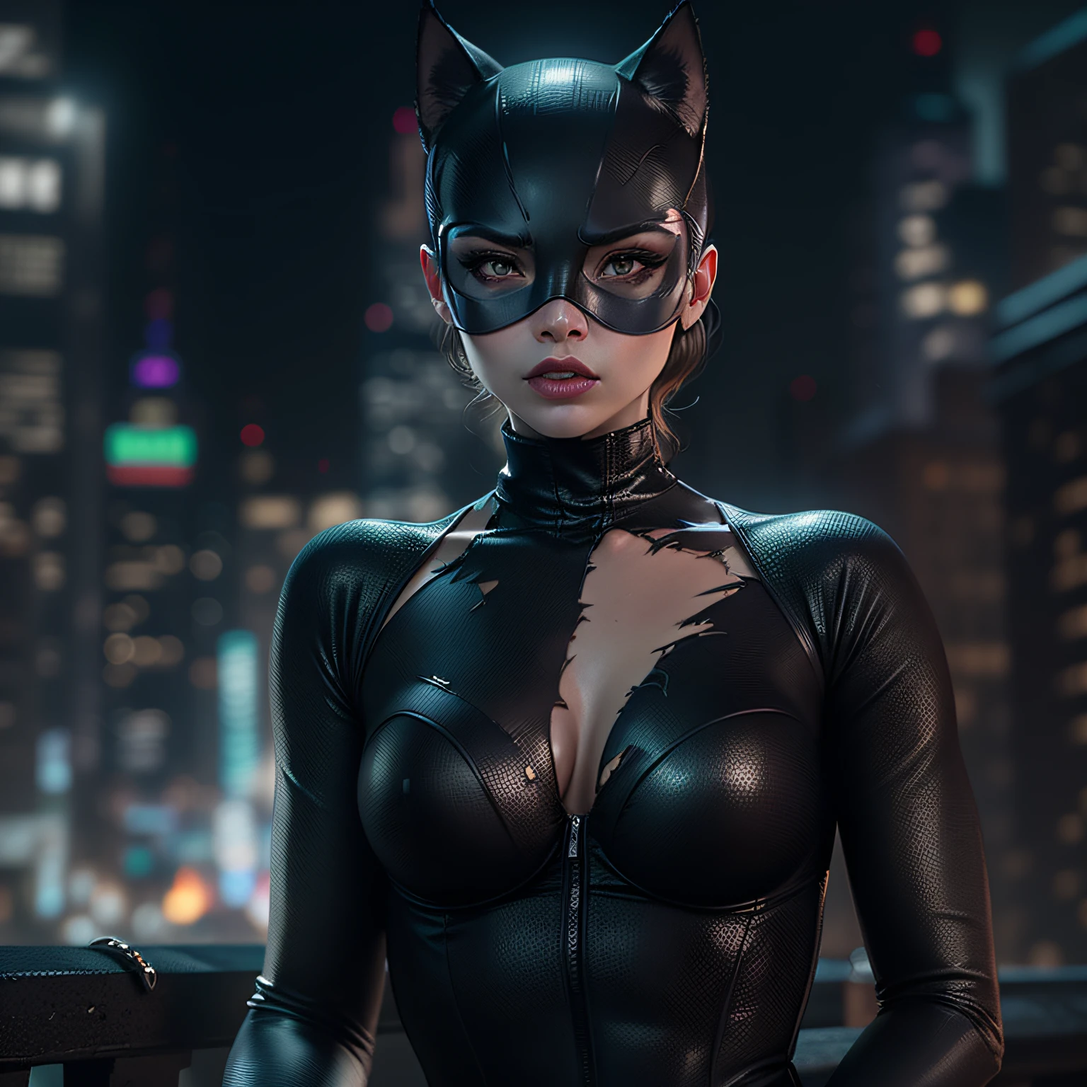 (8k, max quality, Canon Eos R6 best quality, masterpiece, highly detailed: 1.2), (1 catwoman, cat eyes, full body, beautiful body, big nails, catwoman clothes, little torn, wearing face mask catwoman: 1.2), several black felines around her, sexy pose, cinematic background of gotham city.