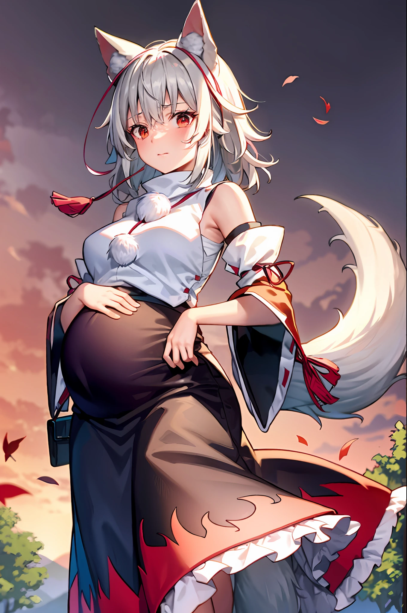 tmasterpiece， Best quality at best， Yellow theme， 1girll， 独奏， long whitr hair， long whitr hair， Animal ear， The sword， Hats， arma， Tokin hat， White hair， Wolf ears， Separate the sleeves， a skirt， red eyes， naturey， looking at viewert， The tree， exteriors， long whitr hair， Arashi， Wide sleeves， pompons （The clothes ar）， ln the forest， The shirt， scabbard， a black skirt， fall leaves， nedium breasts， longer sleeves， katana swords， standing on your feet， white  shirt， Ribbon trimming sleeves， grassy， Armpits， Red skirt， leafs， By bangs， red headgear， ribbontrim， nipple tassels， Keep one's mouth shut， Blushlush， Midskirt， long  skirt， exposed bare shoulders， sleeveless shirts， face expressionless， Multicolored skirts， daysies， high-necksweater， mediuml breasts， autumnal， Scabbarded， little breast， 无袖， hair between eye， Orange eyes，pregnant belly, One-piece tights, cabelos preto e longos, Large breasts, Raised sexy, Charming eyes, ssmile, style of anime, 8k, super detail, of the highest quality