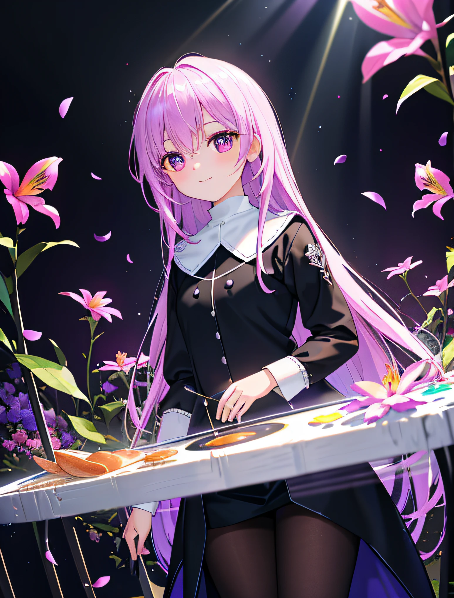 Colorful,rays of black light,((Best quality)), ((Masterpiece)A), illustration, Extremely delicate and beautiful, Extremely detailed, CG, Unity, 8K wallpaper, Amazing, finedetail, offcial art, Extremely detailed Cg Unity 8K wallpaper,Detailed lighting, Ray tracing,Shiny:1.2,((oil highlights:0.7)),(Detailed lighting:1.2),Reflection,((Eye focus)), clothes reflecting light, (light diffraction on skin: 1.35), (Glossy glossy skin: 1.55), (iridescent effect: 1.55),Dramatic angle,colorful refraction,1girll,nun,petals,flower_petals,Flowers,Brown lily. Purple myrtle, a genus of Bakers, Masterpiece, Best quality,Best quality, A high resolution, Original, extremelydetailedwallpaper