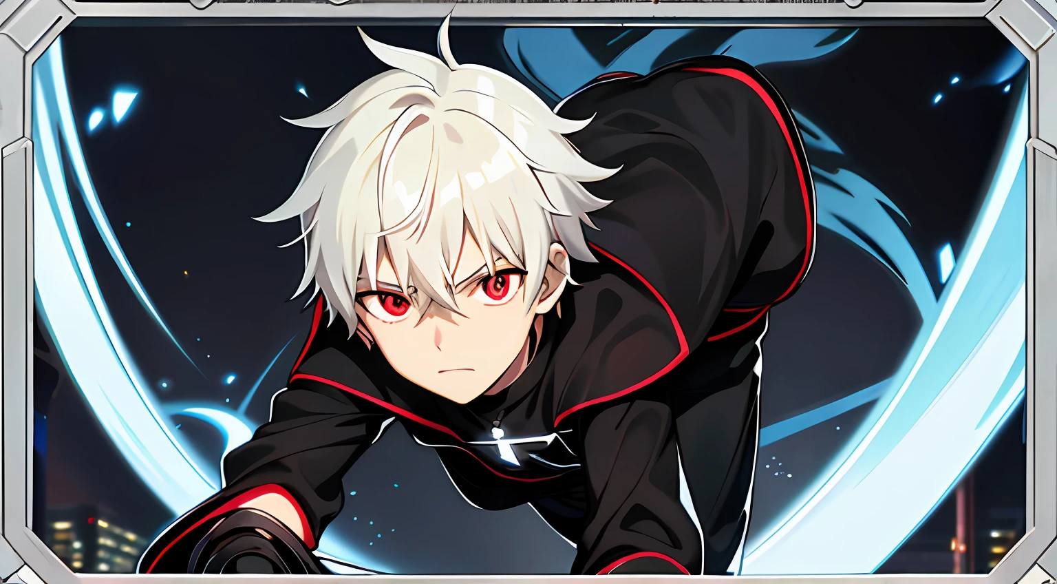 adolable，shorter pants，Sweatshirt，Key anime art, Best Anime 4K Official Art, with red glowing eyes,with light glowing, unholy， High quality anime art style，younge boy，black-clad，shoun，Close-up Shot Shot，urban center，Shiny，Strange thief costumes，formal outfit，1boy，Blackn clothes，laughingly，black cats，personification，blue white colors，Background city