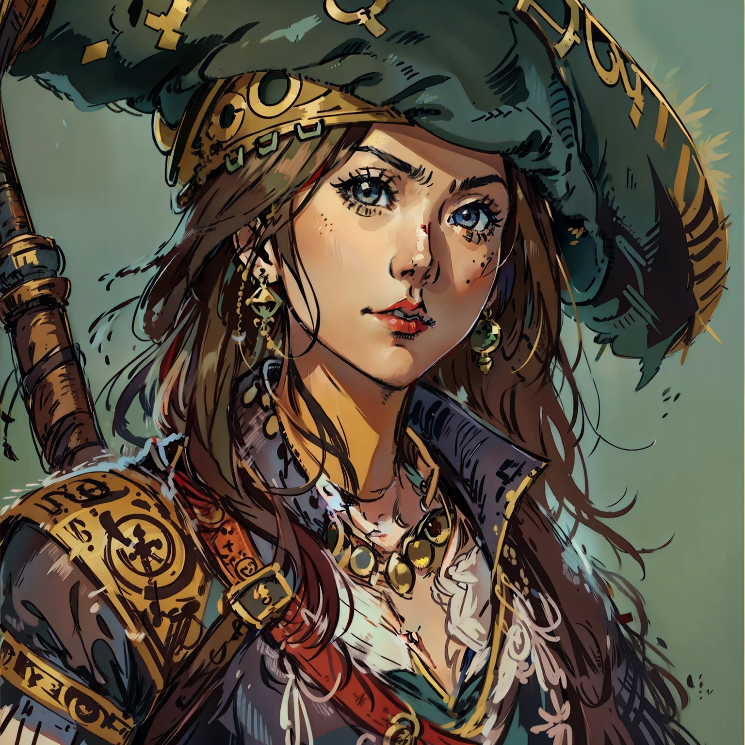 Female pirate, asian etnic, RPG character, medieval fantasy, close up portrait