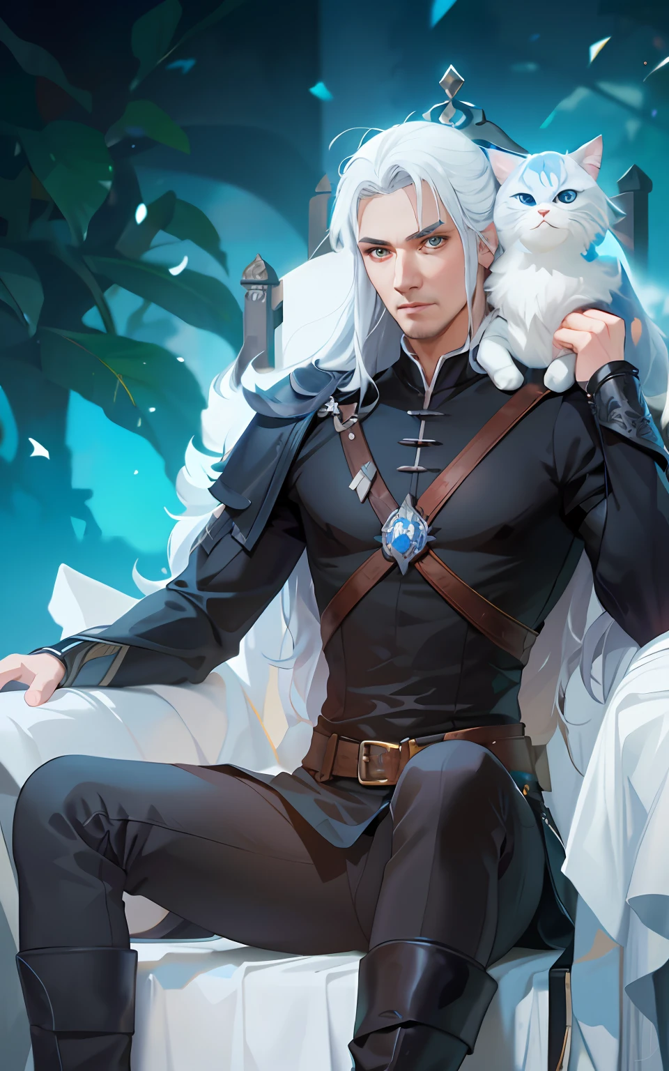 Macho sem barba em uma roupa preta e azul sentado em uma cadeira de gelo com um gato, Arte no estilo de Guweiz, Ross Tran e Bayard Wu, fanart detalhado, wlop e ross tran, Edgar Maxence e Ross Tran, fanart melhor artstation, Wlop e Sakimichan, por Yang J, Retrato de Geralt de Rivia, sem barba,