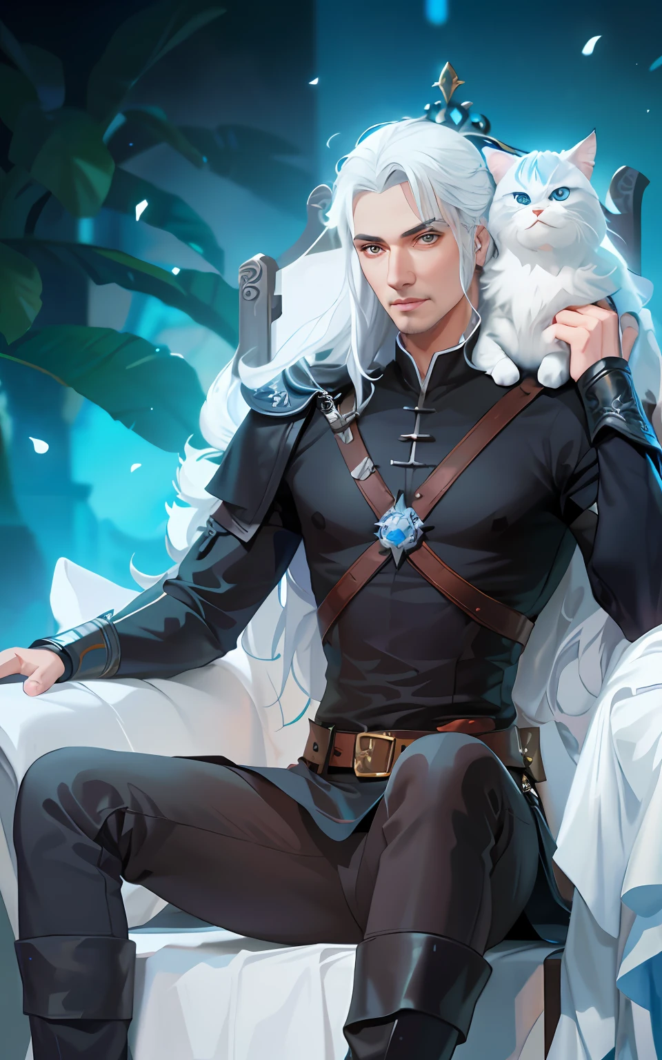 Macho sem barba em uma roupa preta e azul sentado em uma cadeira de gelo com um gato, Arte no estilo de Guweiz, Ross Tran e Bayard Wu, fanart detalhado, wlop e ross tran, Edgar Maxence e Ross Tran, fanart melhor artstation, Wlop e Sakimichan, por Yang J, Retrato de Geralt de Rivia, sem barba,