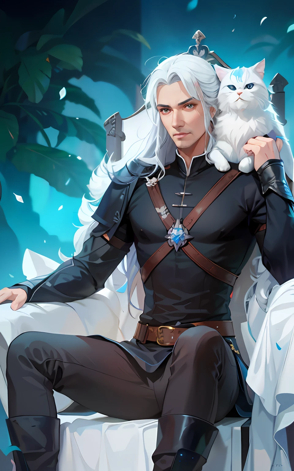Macho sem barba em uma roupa preta e azul sentado em uma cadeira de gelo com um gato, Arte no estilo de Guweiz, Ross Tran e Bayard Wu, fanart detalhado, wlop e ross tran, Edgar Maxence e Ross Tran, fanart melhor artstation, Wlop e Sakimichan, por Yang J, Retrato de Geralt de Rivia, sem barba,