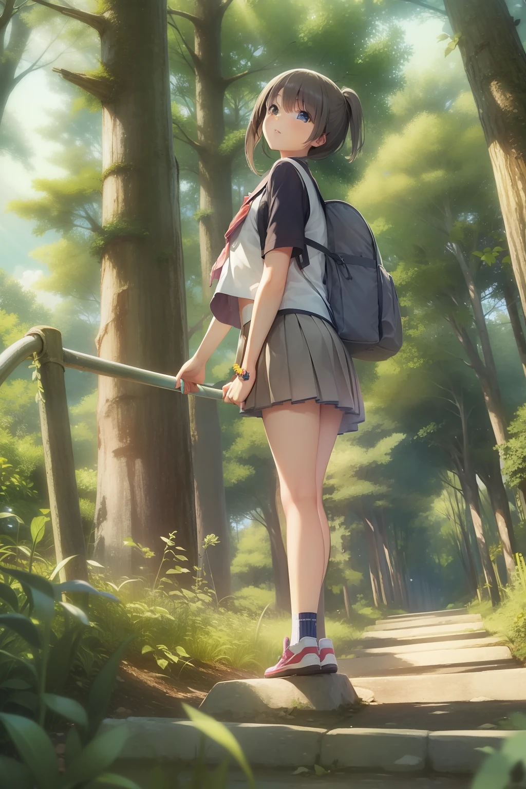 1 High School Girl、summer clothing、Climb the slope to school、tall trees on both sides、Looks cool