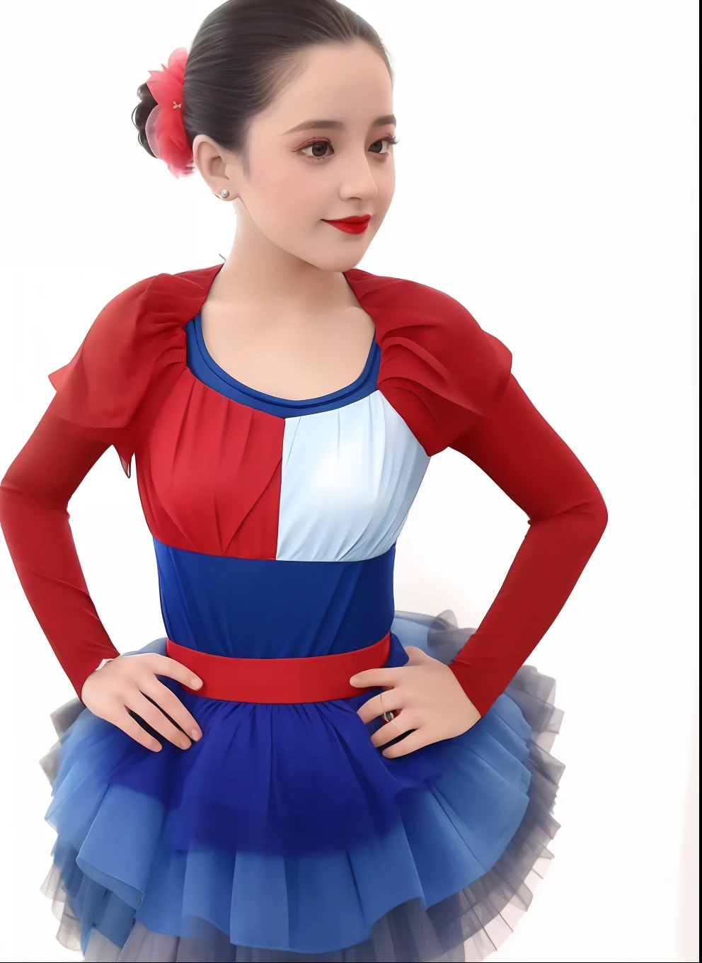 Arafed menina em um vermelho, vestido branco e azul e uma flor rosa, traje de collant da marinha, traje de teatro de alta qualidade, Roupas vermelhas e azuis, Traje de alta qualidade, traje de collant azul escuro, moderno elegante glamour tutu, vermelho azul, celebration costume, Aquecedores de malhas e pernas, peito coberto, fantasia, collant