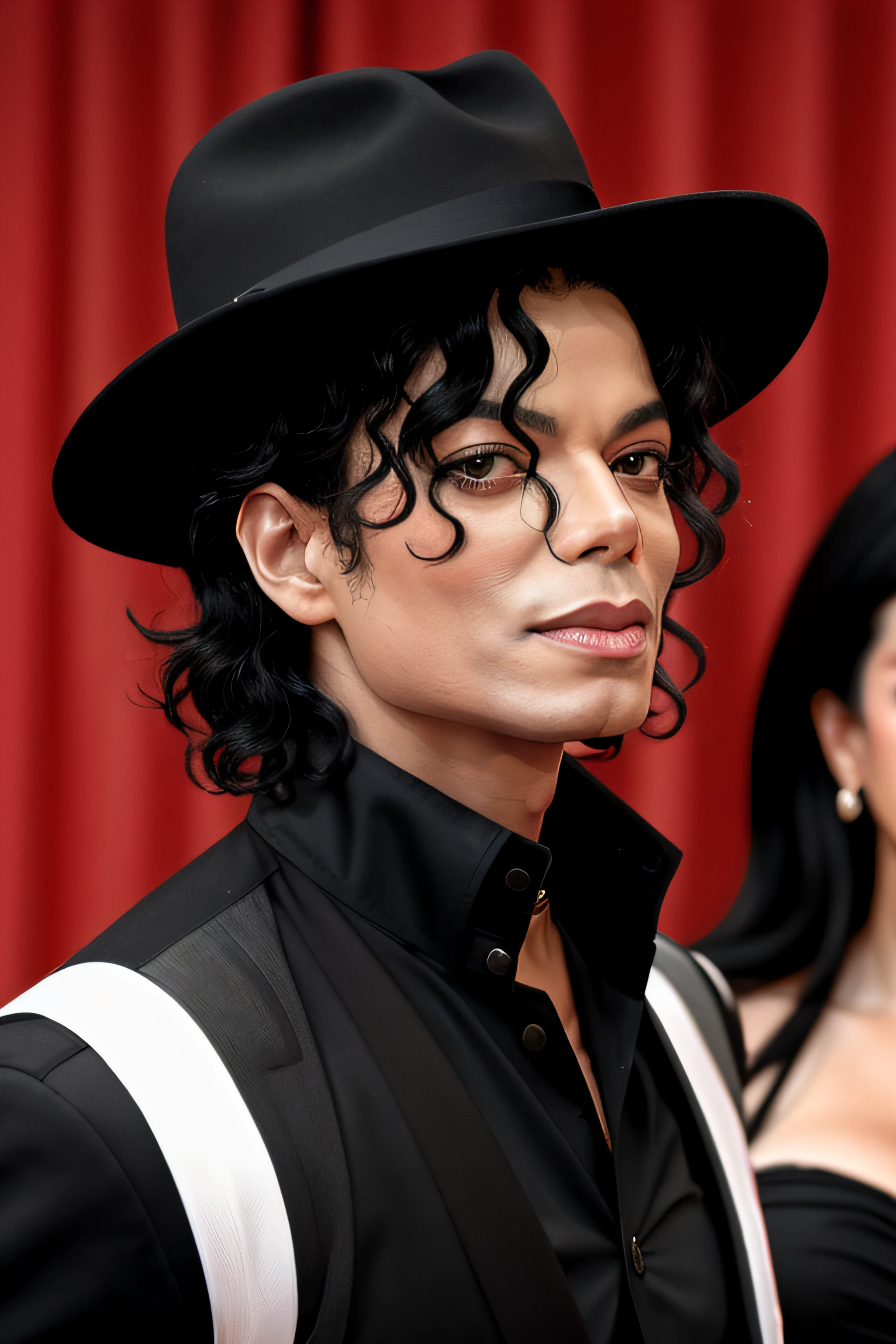 fotorrealista, Michael Jackson Negro com a pele negra ,pele escura,cabelo cacheado de alta qualidade, obra-prima, cinematic composition, slow-motion,jaqueta de couro vermelha,black hat