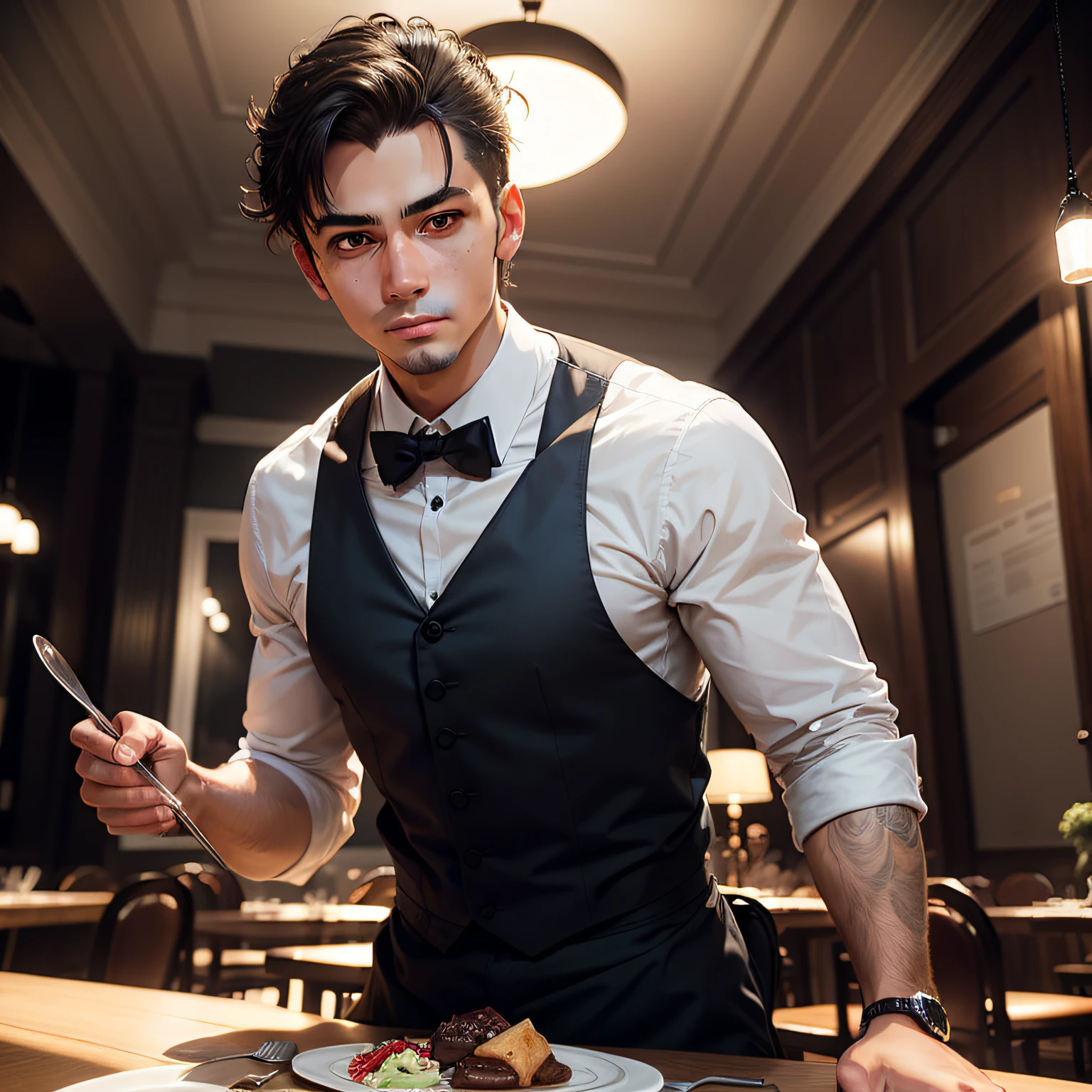 a waiter setting up a table