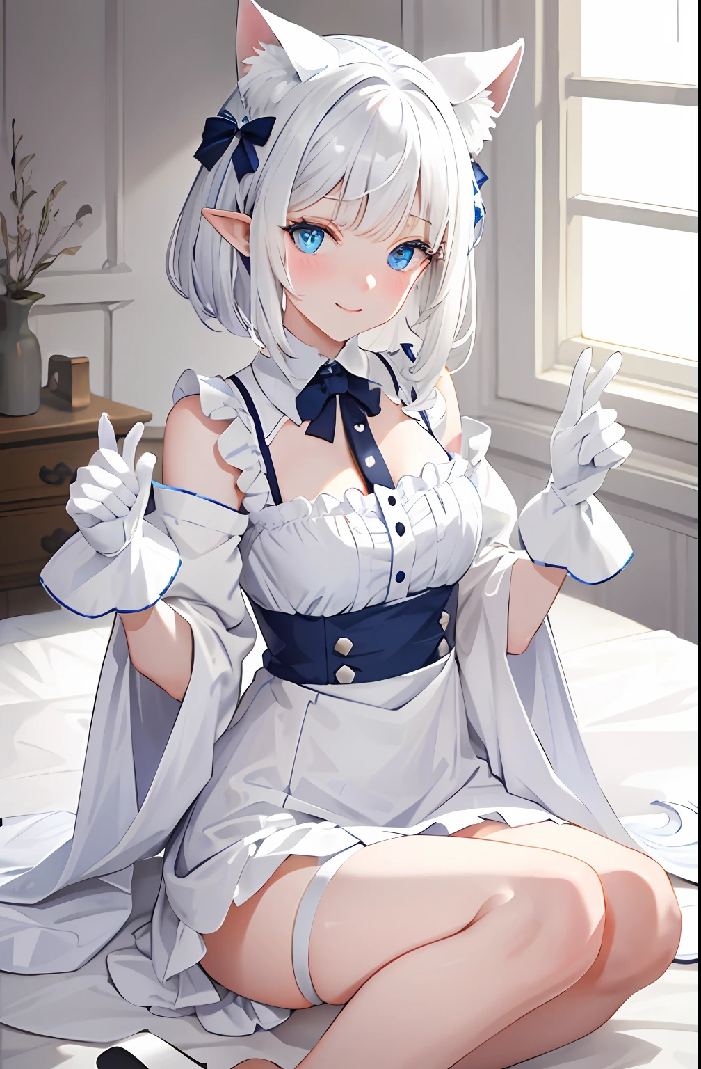 Lazy wind，wide blue eyes，White hair，Dull hair，Beast-eared maiden，White tones，sitted，1girll，Solo，adolable，white dresses，Big hazy eyes，Facial details are exquisite，Beth，onbed，Impeccable，Cute pose，Plush cat's paw gloves，Shy laugh，The complexion is reddish