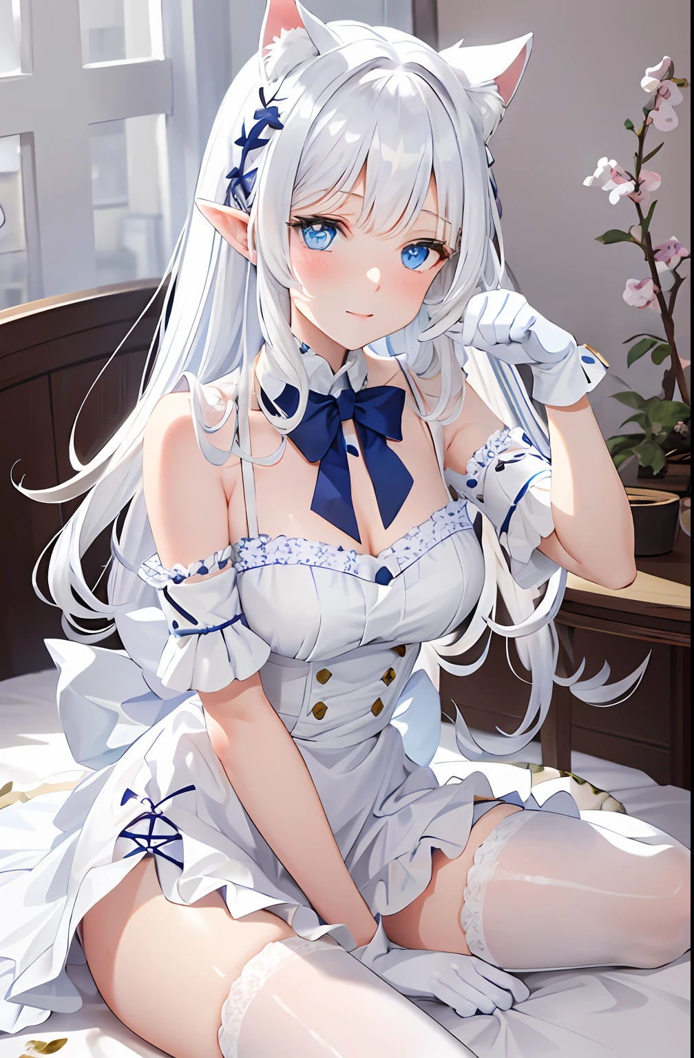 Lazy wind,wide blue eyes,White hair,Dull hair,Beast-eared maiden,White tones,sitted,1girll,Solo,adolable,white dresses,Big hazy eyes,Facial details are exquisite,Beth,onbed,Impeccable,Cute pose,Plush cat's paw gloves,Shy laugh,The complexion is reddish