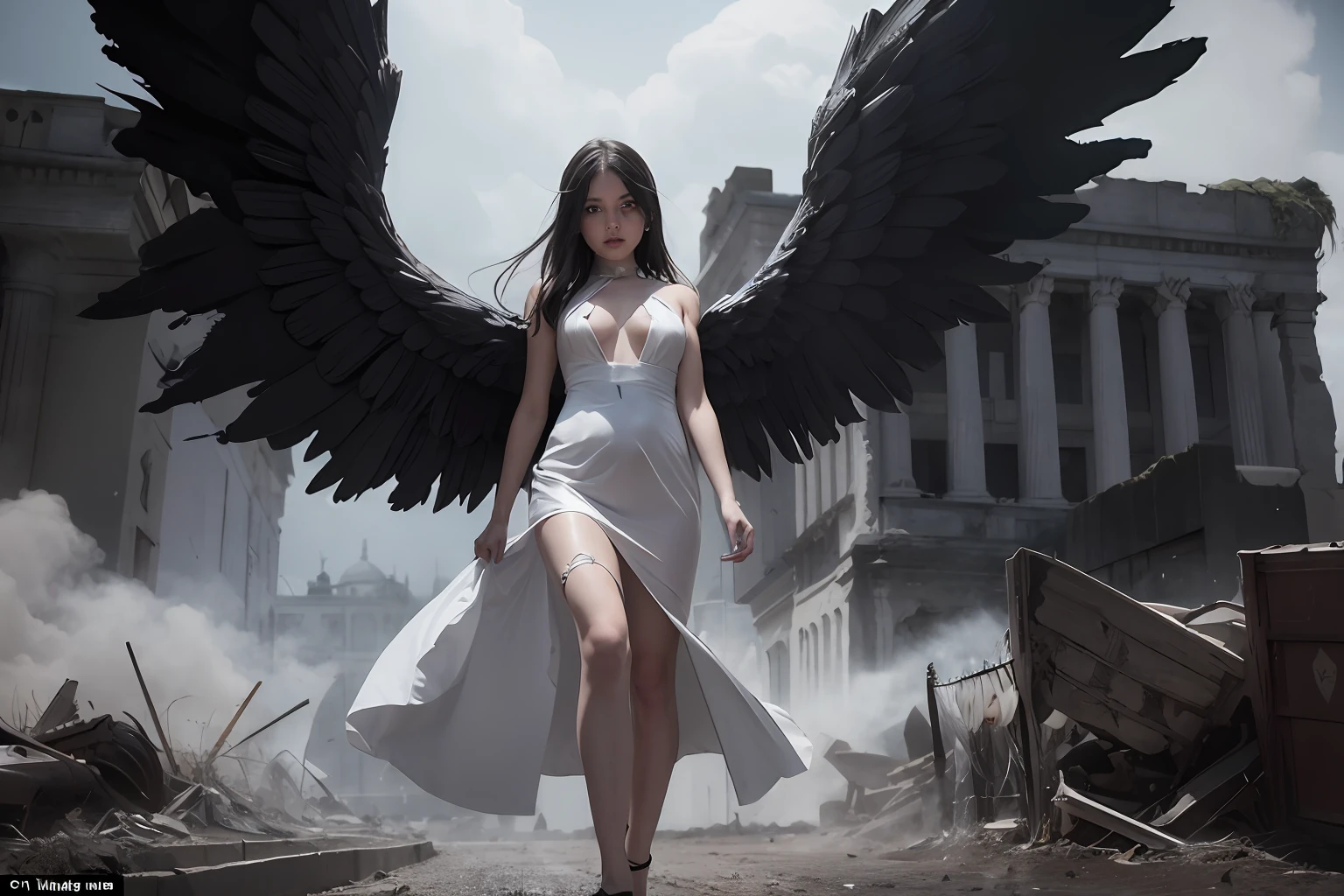 Una mujer con un vestido blanco con alas caminando por una ciudad destruida, super wide angel, Villainess has black angel wings, beautiful cyborg angel girl, Angel with black wings, fallen angel, epic angel wings, wide angel, big angel wings wide open, beautiful female angel, wide angel shot, angel protecting woman, dark angel, angel knight gothic girl, girl with angel wings