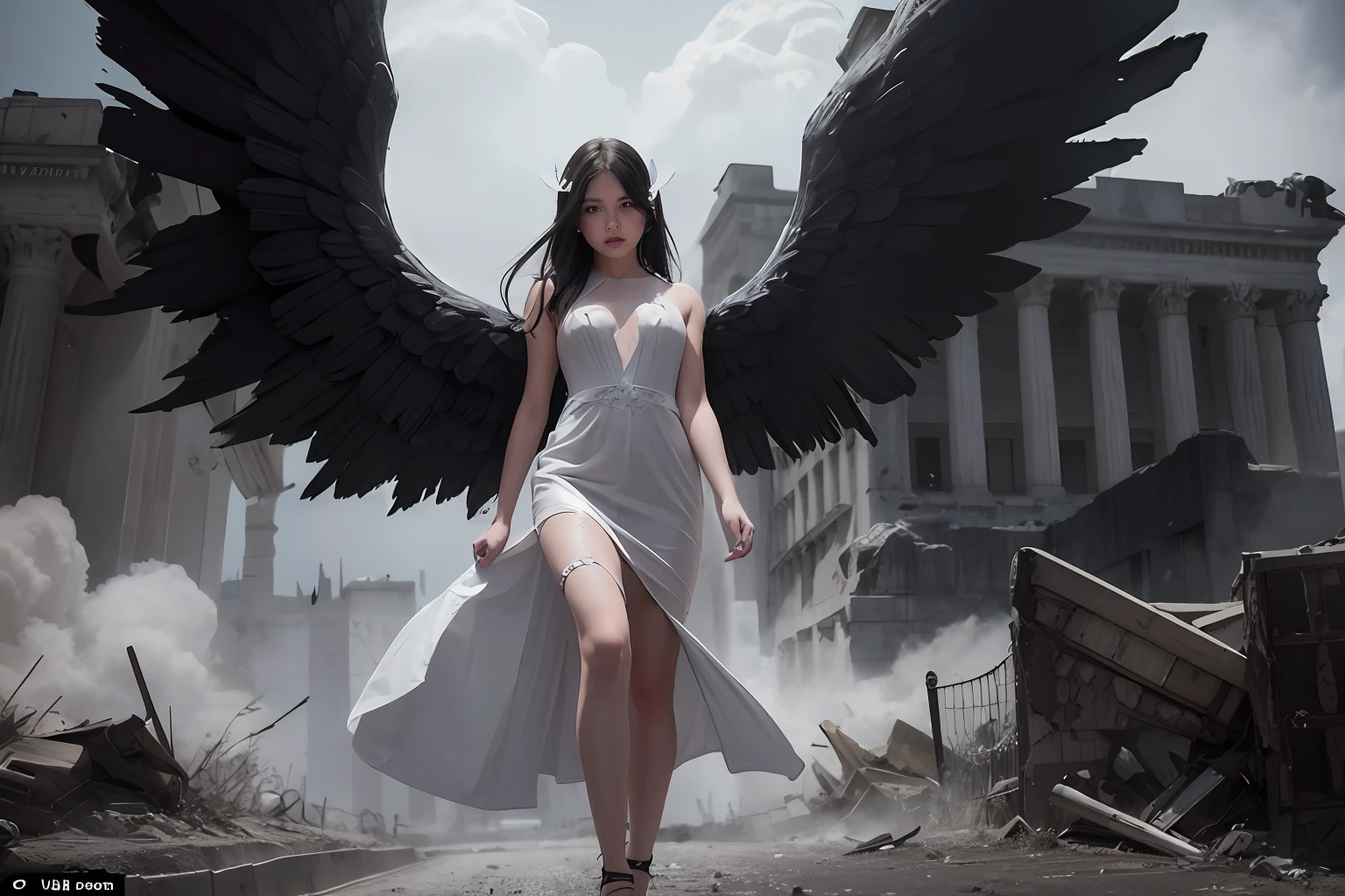 Una mujer con un vestido blanco con alas caminando por una ciudad destruida, super wide angel, Villainess has black angel wings, beautiful cyborg angel girl, Angel with black wings, fallen angel, epic angel wings, wide angel, big angel wings wide open, beautiful female angel, wide angel shot, angel protecting woman, dark angel, angel knight gothic girl, girl with angel wings