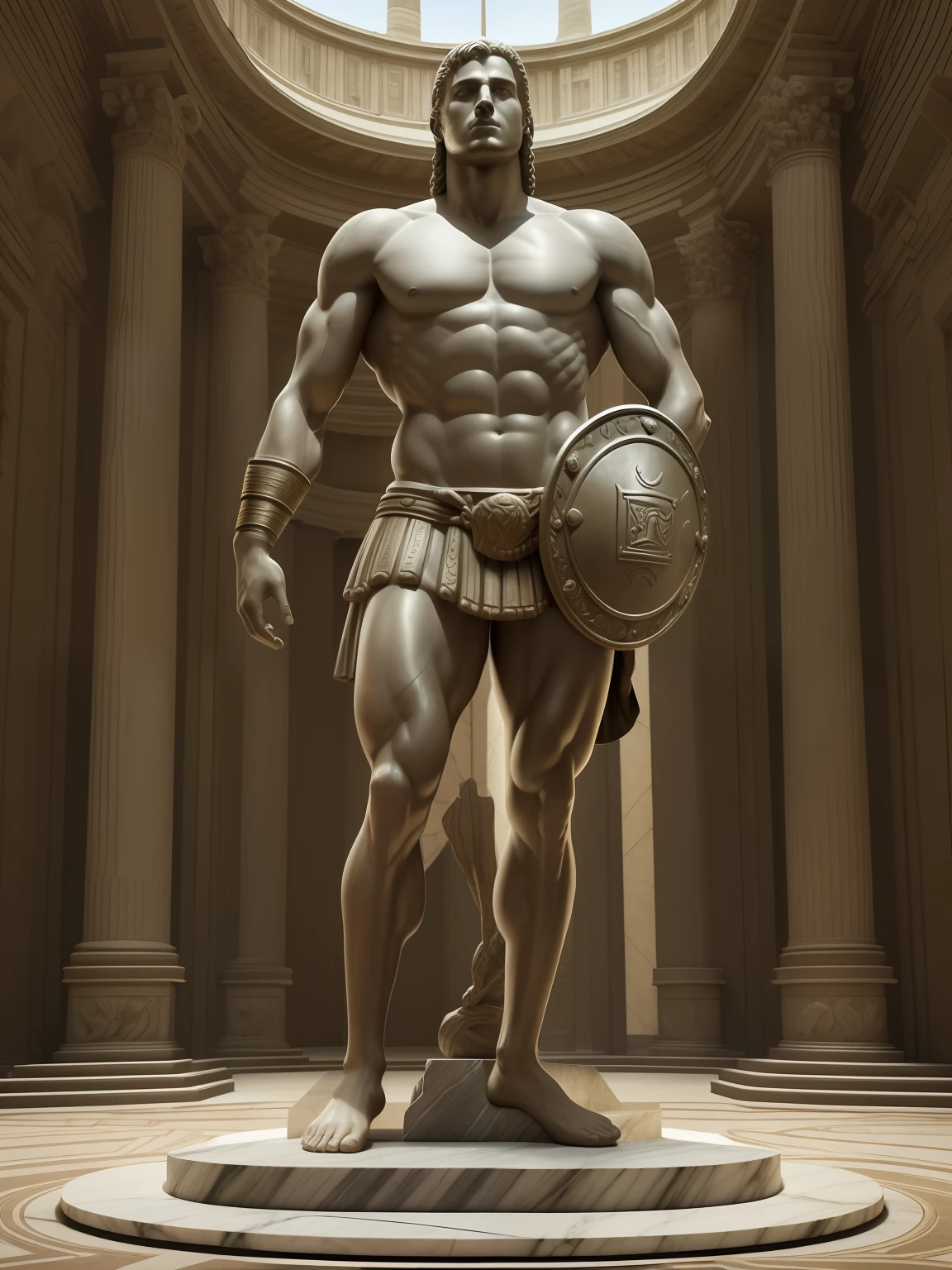 a statue of a Roman gladiator, dinamic pose, trunk and head (Fundo: coliseu escuro desfocado), Clint Cearley, Arnold render, a marble sculpture, (cinematografic:1.4), atmosfera escura, hiperdetalhada, tons suaves, detalhes insanos, baixo contraste,