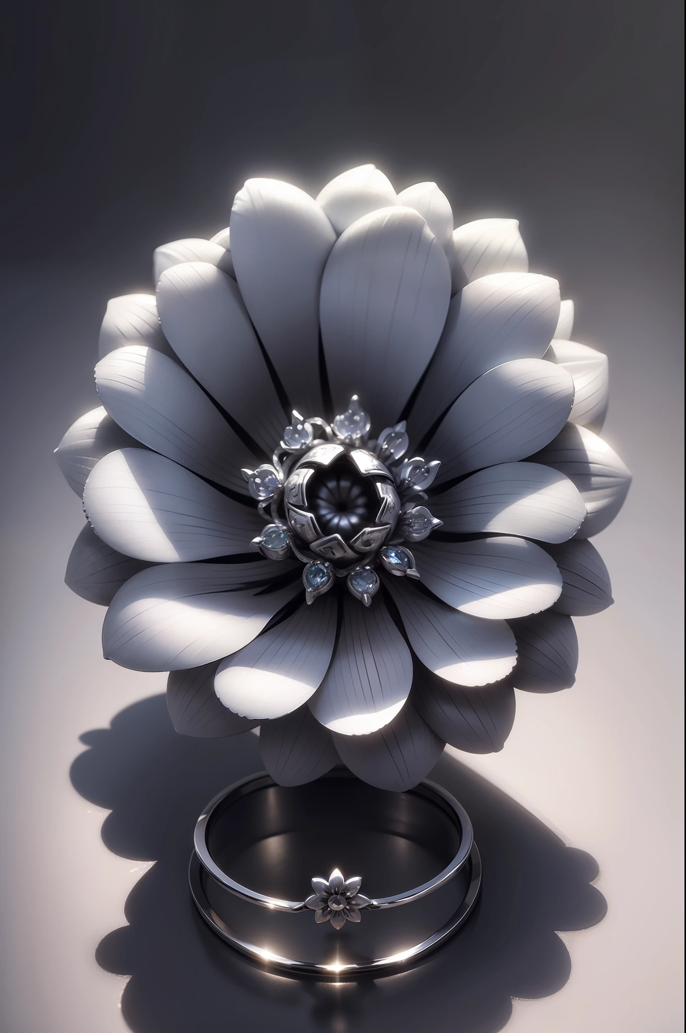 ((silver metalic flower)) ((ring))