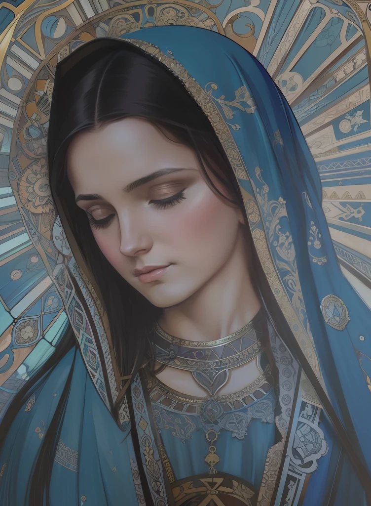 The Virgin Mary and the Child Jesus. MUJER CAUCASICA. 19 years old, DULCE Y LA INOCENTE MIRADA ANGELICAL, Alta calidad, obra maestra, rasgos faciales exquisitos, cabello exquisito, ojos exquisitos, cabello de color exquisito, calidad de imagen 4K, hermosa luz y sombra, efecto Tyndall, halo, cabello desordenado, estado joven, escena hermosa, ropa exquisita, cadenas, plumas, belleza antigua con ojos grandes muy detallados, pintura digital, artstation, arte conceptual, foco nítido, illustration, arte de greg rutkowski y alphonse mucha y victo ngai