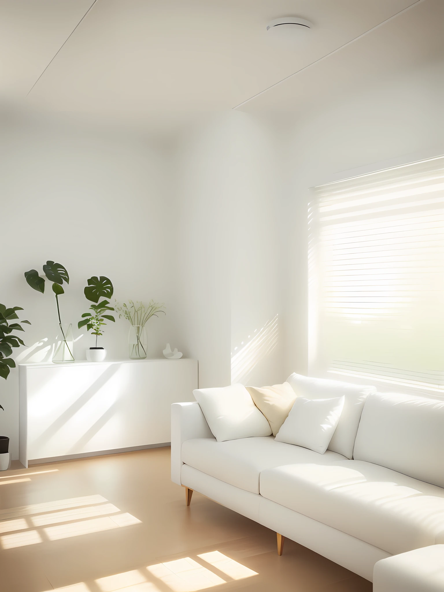 There is a white sofa in the living room,There is a plant next to it, soft light through blinds, elegant minimalism, natural window lighting, with backdrop of natural light, minimalistic and beautiful, smooth white surroundings, soft shade, Soft natural lighting, Beautiful and smooth soft light, A bright room, indoor smooth light, natural light in room, Award-winning shadows