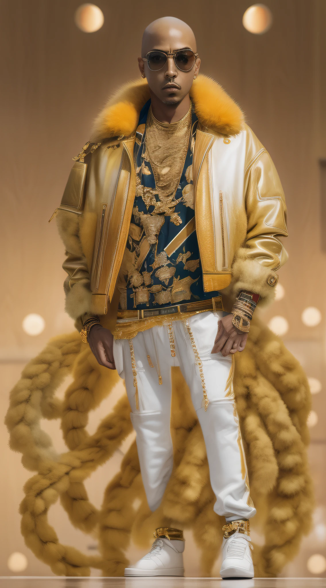 1rapper with Bald hair, T Pose, Fantasy Background, modern mink Fur Jacket (Gucci) (Fendi) (H R Gigger), High End Luxury Fashion, Lots of GOld Chains Jewelry and Diamonds, fog, detailed and realistic image, amazing composition with vintage scenery with abstract shapes, abstract minimalist background with tentacles, melt, drip, yoshitomo nara:1.5, wes anderson:1.3, new casualism, retro, minimalism,BiopunkAI