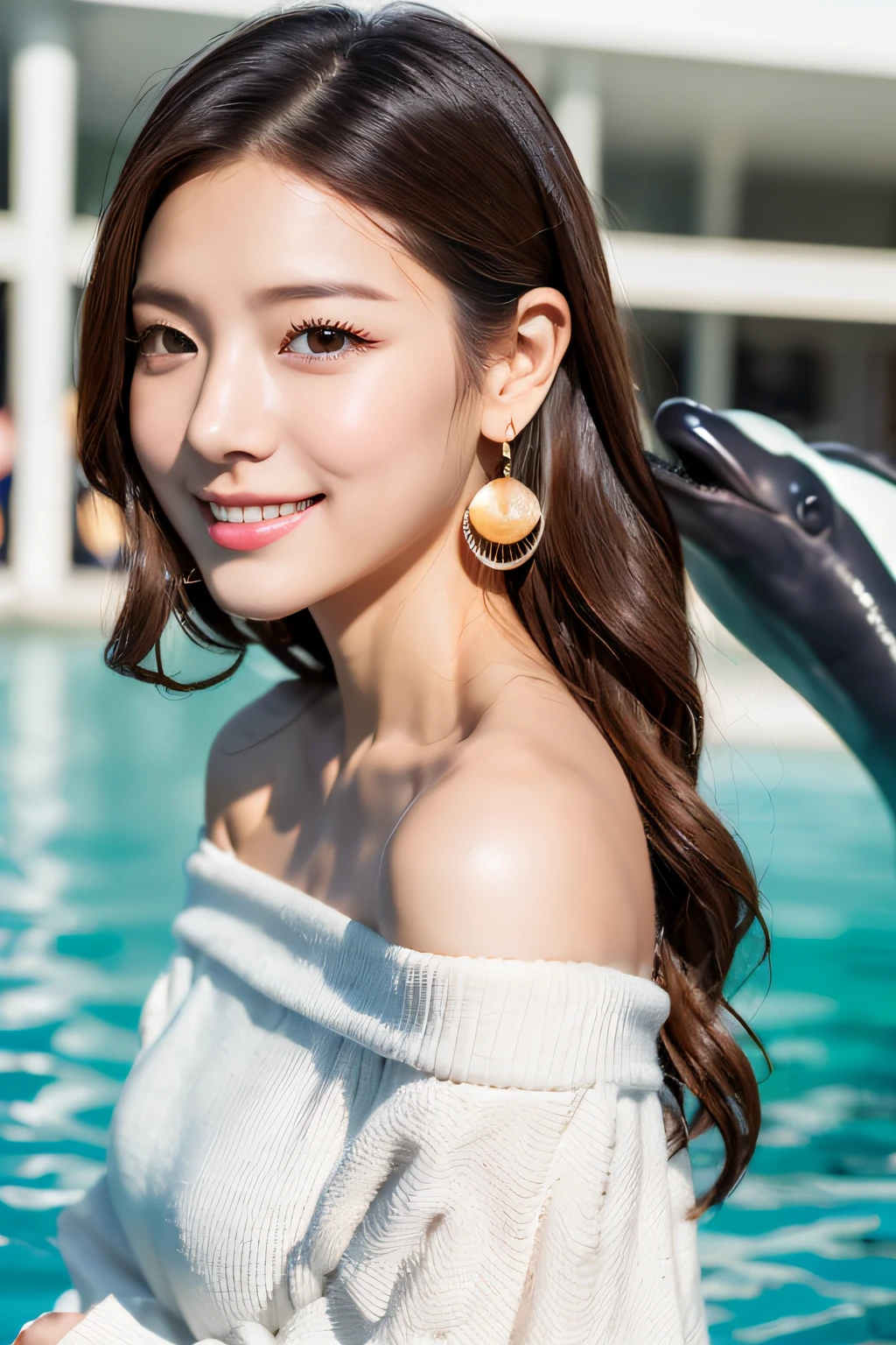 (masterpiece:1.3), high resolution, ultra detailed, extremely detailed CG unity 8k wallpaper, realistic, photo-realistic, RAW photo, beautiful detailed face, pale skin, realistic glistening skin, detailed cloth texture, detailed hair texture, Perfect Style, Beautiful Face, accurate, Anatomically correct, Highly detailed face and skin texture, natural neck length, (thin and beautiful fingers), 
BREAK, 
Detailed eyes, symmetric eyes, Brown eyes, Double eyelids, Thin eyebrows, (Glossy lips:1.4), (Peaceful smile:1.2), 
BREAK, 
((Innocent and Cute girl:1.3)), ((wearing a off-shoulder White blouse:1.4)), (beautiful clavicle), (Gold strings belt), (denim pants:1.2), (cross strap high heels:1.2), 
(necklace, bracelet), ((clutch bag over shoulder, large hoop earrings, pinky ring:1.2)), (beautiful blue nails)
BREAK, 
Layered Hairstyle, (brown hair:1.2), (wavy hair:1.2), medium long hair, 
large breasts, (firm breast), (nicely shaped breasts:1.1), 
BREAK, 
((Standing with seeks a hug pose:1.3)), (In front of the dolphin show venue of aquarium:1.2), (looking sideway at viewer:1.1), ((The background of a jumping dolphin:1.3))
BREAK, 
((Upper body:1.2)), (Focus on dolphins:1.2), (from side:1.1),