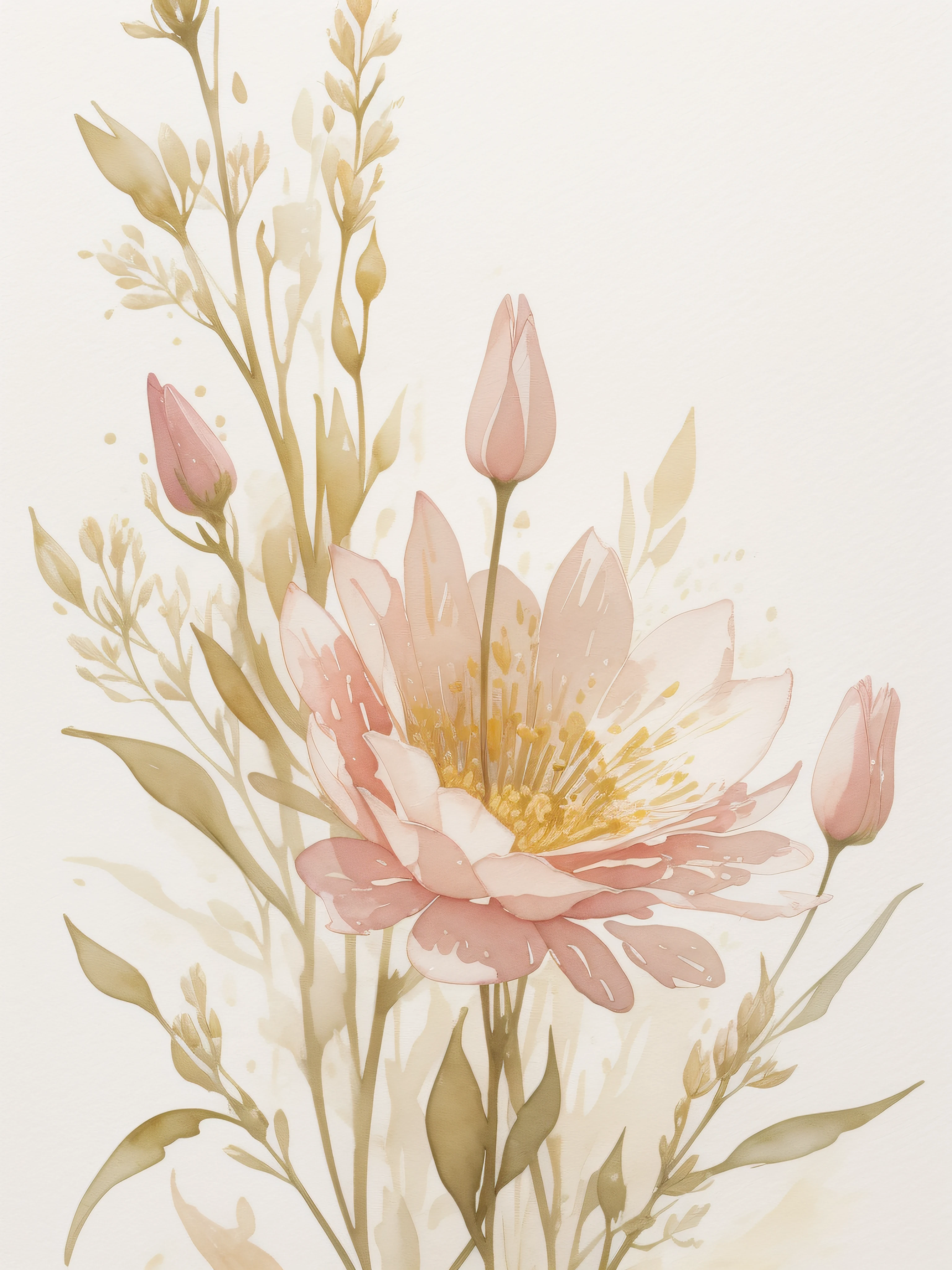 Watercolor flower painting isolated on white background、watercolor paiting、Splash technique to reproduce wet conditions、Blurry atmosphere、Unique composition、Abstract representation、Contains elements of surrealism、Pale tones、Pale pink and gold color scheme、high resolution details、Ink splash effect、Pale colors。