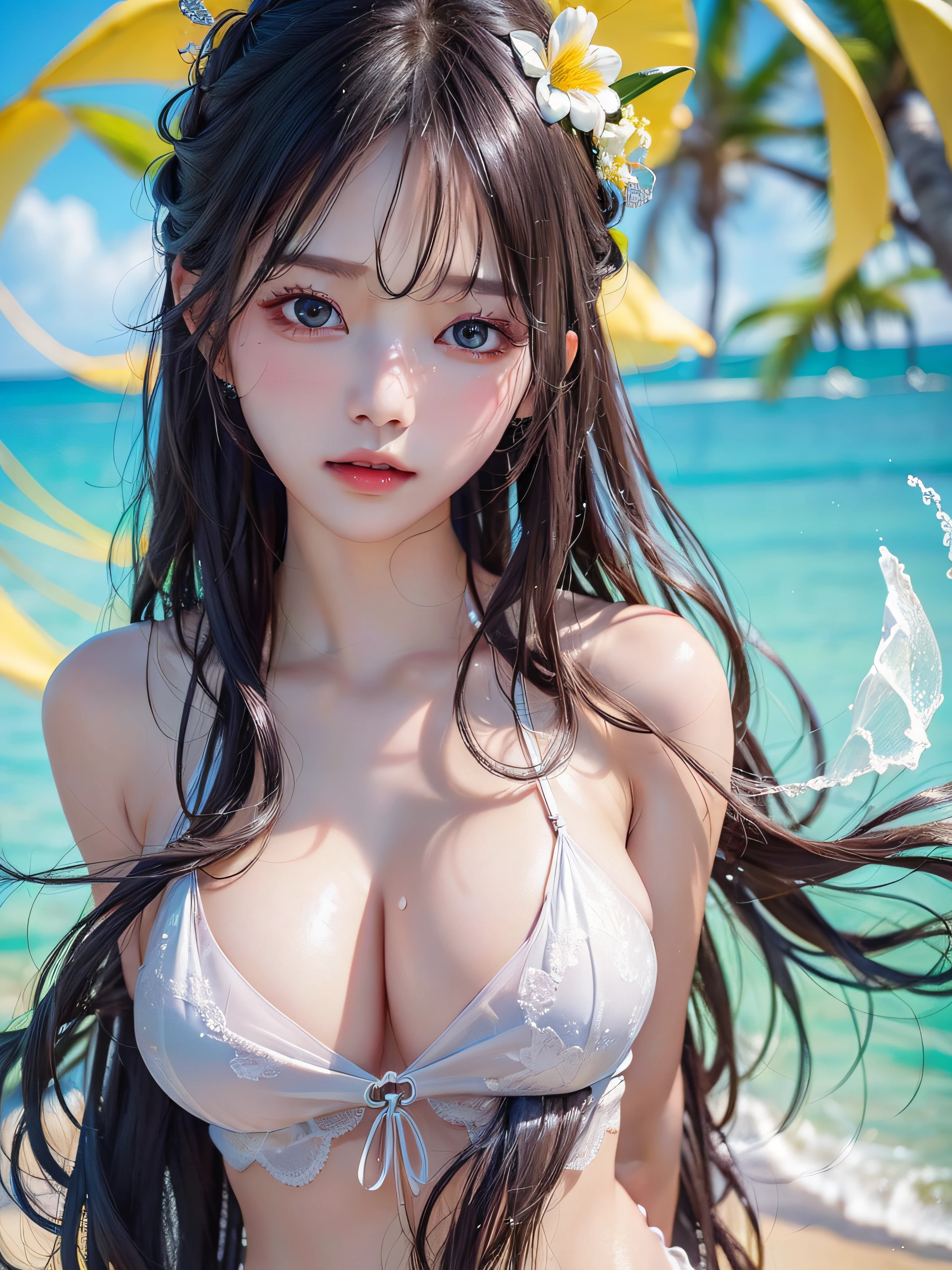 (Surreal)、(hight resolution)、(8K)、 (ighly detailed)、(Ultra clear skin pores)、(top-quality、​masterpiece:1.3)、portlate、a beauty girl、Beach background、It's hot、Sweating、