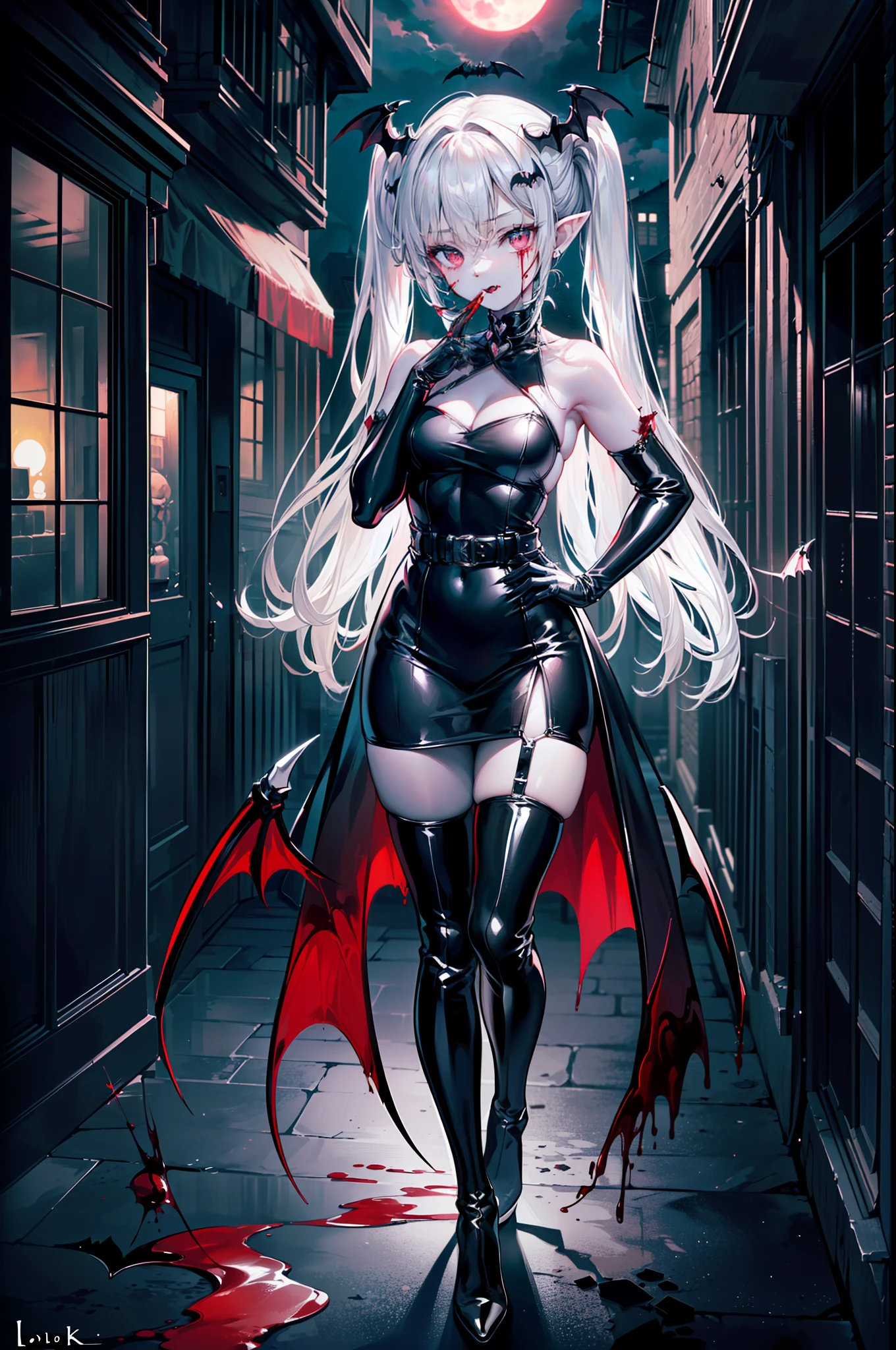 ((masterpiece, best quality, extremely detailed CG, unity 8k wallpaper,anatomically correct,ultra resolution)),Award-winning photography,(best illumination,Very Delicate and Beautiful),(one girl,solo,loli:1.5),(Vampire:1.45),silver hair,(twintails:1.2),glowing red eyes,(pale skin:1.45),(extremely beautiful and detailed face:1.2), (extremely beautiful and detailed eyes:1.2),perfect hands,delicate legs,((bat hair ornament)),(graceful,fashion),pointy ears,((latex gown:1.35,black thigh boots,black elbow gloves,leg belt)),looking at viewer,hand on hip,hand to own mouth,head tilt,morbid smile,dark persona,evil,(cute:1.5),((night, dark atmosphere, dark theme, darkness:1.5)),dramatic shadows,(dimly lit:1.5),blood on face,blood on floor, blood on walls,(blood mist,blood splash:1.4),depth of field,(Bustling city:1.2,park:1.3), cloud, full moon, moon, moonlight, night sky, outdoors, blood moon, sky, star sky, starry sky,(perfect human body structure with maximum precision)