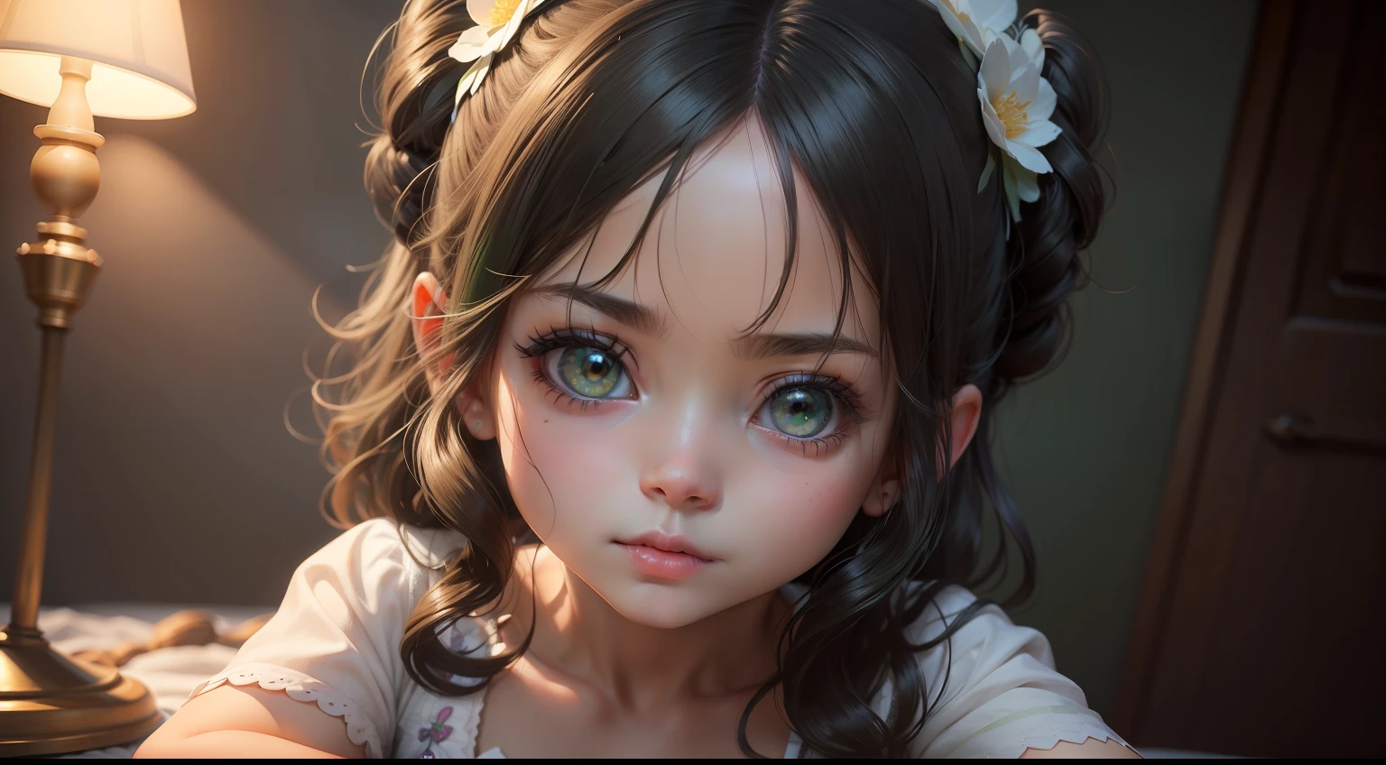 (obra-prima), (melhor qualidade), (ultra detalhado),(cabelo liso curto),(illustration),(Arte Infantil), de 5 anos de olhos verde esmeralda,(rezando),(Pose de frente), dressed in her child bridal attire with a lighted lamp by her side, Motor Unreal 5, 8k portrait render, painting digital adorable,photorealistic anime children's art rendering,meninaanos na pose de frente REZANDO e usando velcro , Artgerm ; motor 3d unreal,