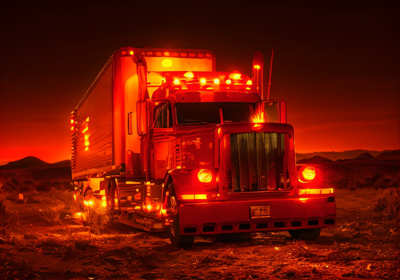 Araf trucks,Stop in the field with lights on at night, orange and red lighting, author:Dennis Ashbaugh, Red LED, HD", author:Wayne England, orange lights, orange lighting, Red LED, profile shot, author:Dave Melvin, author:Bernie DeAndrea, Wide, blue and orange rim lights, trucks, author:Darrell Ritchie, red orange lighting,the sideview,full length shoot,realisticlying,The shadows are soft,No contrast,sharp fokus,Use SONY a7IV, sigma 24mm f1.4 shooting,Film texture,natural lightting,professional color graded,natta,A van with red sides,The body is filled with small glowing lights,The lights are red and yellow,Very bright,Drive on the road,Realiy,C4D,HD8K,hentail realism