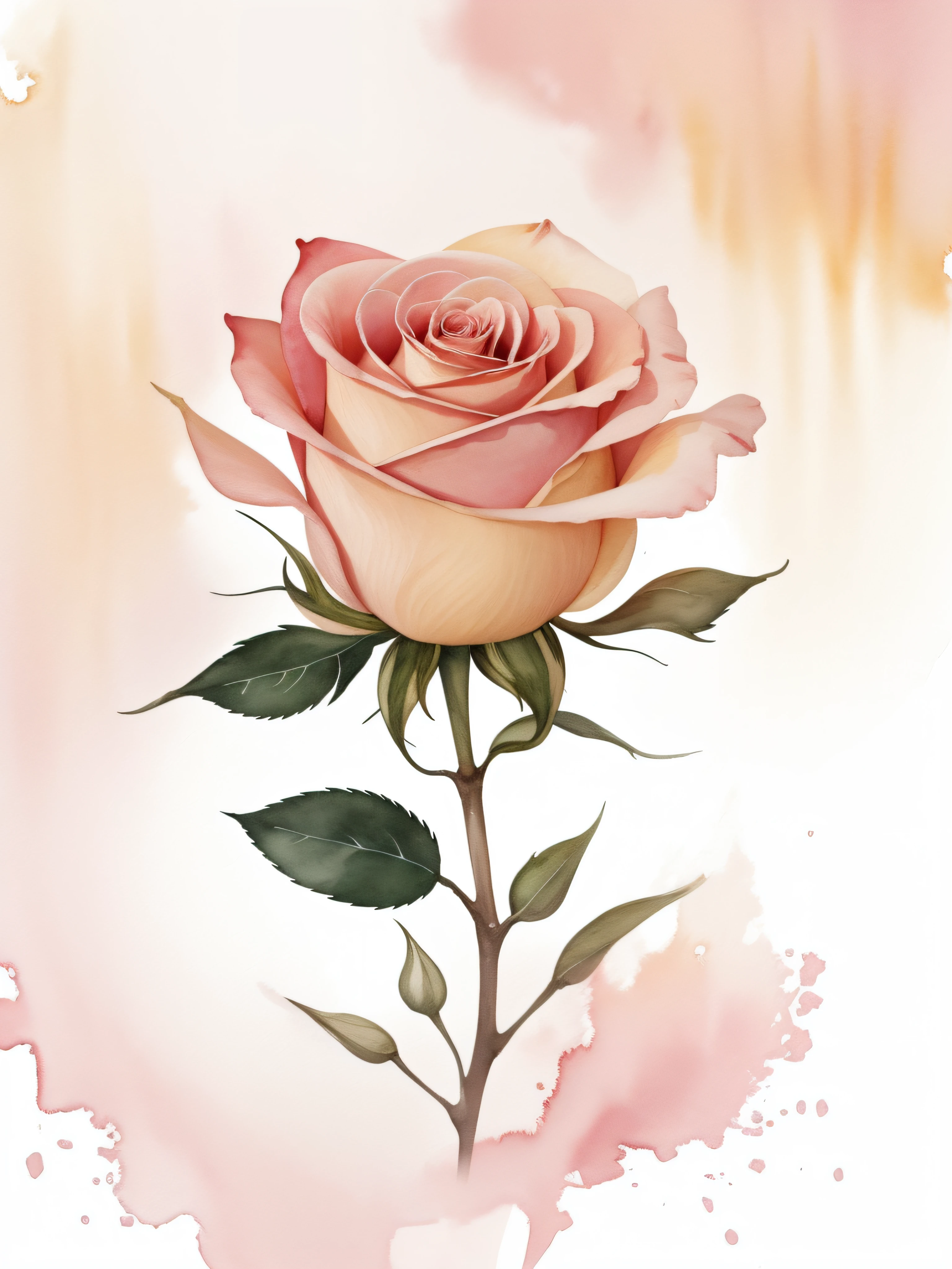 Watercolor rose flower painting isolated on white background、watercolor paiting、Splash technique to reproduce wet conditions、Blurry atmosphere、Unique composition、Abstract representation、Contains elements of surrealism、Pale tones、Pale pink and gold color scheme、high resolution details、Ink splash effect、Pale colors。