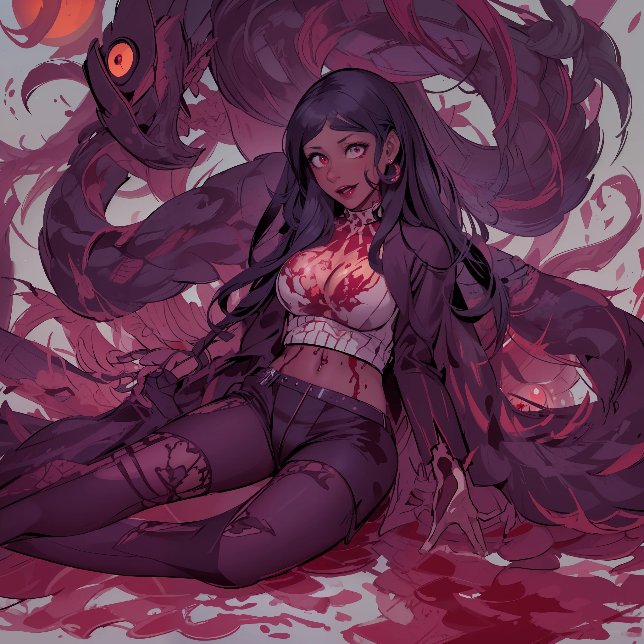 (masterpiece, top quality, best quality, official art, beautiful and aesthetic:1.2), (1girl:1.3), extreme detailed,colorful,highest detailed ((ultra-detailed)), (highly detailed CG illustration), ((an extremely delicate and beautiful)),cinematic light,(body markings, corruption,striped) ,landscape,from above,
solo,(blood vessels connected to tubes),(character focus),science fiction,(blood moon,blood :1.5),
close up, wild laughter , evil smile, black and pink hair ribbon, empty eyes, parted lips, empty eyes,
25-year-old dark skinned dark mahogany-skinned female, statuesque, sensuously sinister,oblong-shaped face,vivacious black eyes, flowing wavy black dragon braid ,
,
(sketch:1.2),
in the rotting prison , with red luminous , red light particles, red shadow,red smoke,blood style necromorph, blood flower on the ground, braless,red lighting,(sketch:1.2)
head tilt,
red black eyes,strong hourglass physique, well-built, thick, and alluring, big breasts, big butt, long, toned legs.