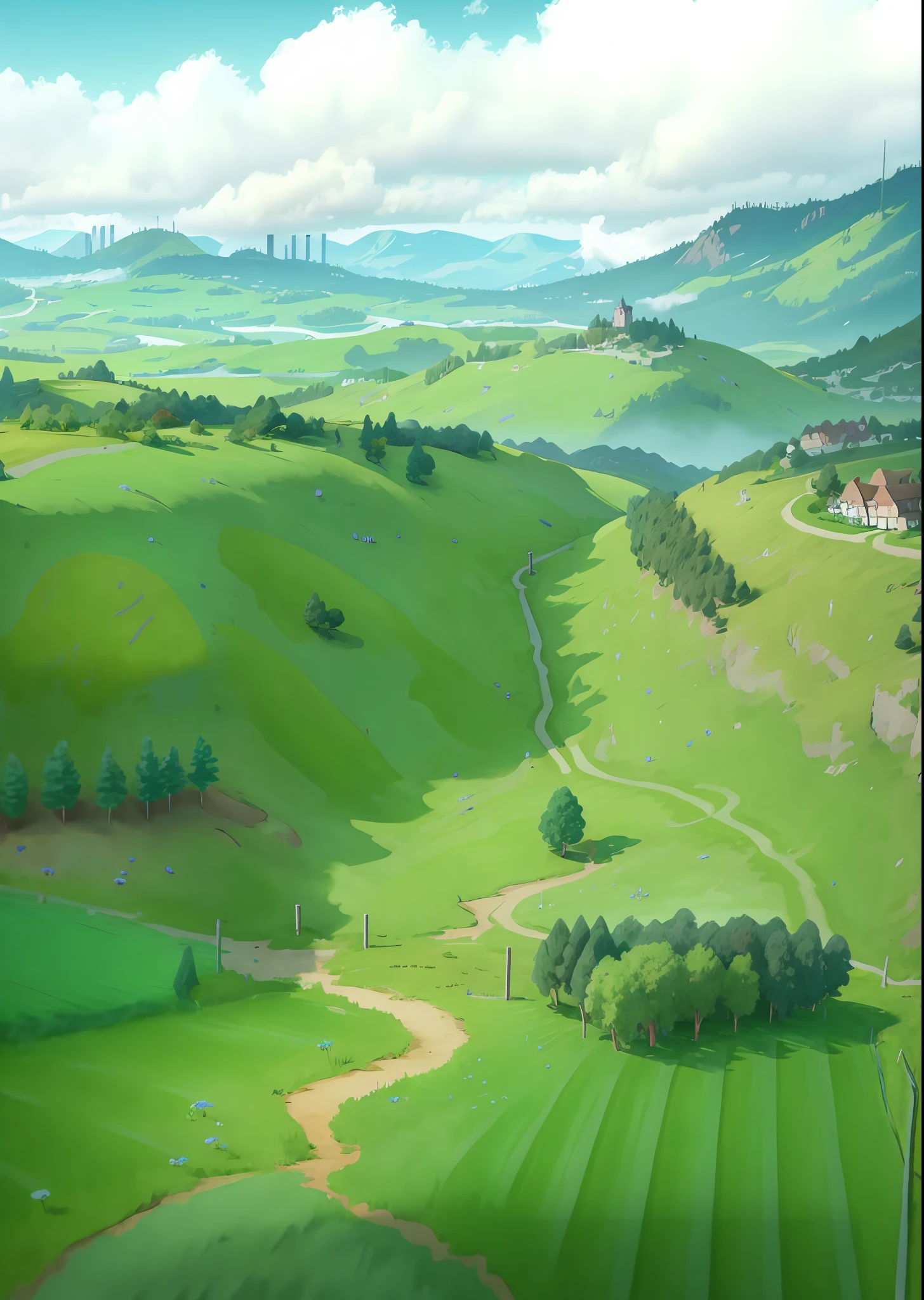 Incredible detail and realistic CG unity 8K wallpaper， enchanting landscape，Including tranquil distant mountains and sea of clouds，In front are houses and country roads，It is surrounded by lush vegetation and majestic trees，grassy fields，fences，ducks，Natural light，A blue sky，Fluffy clouds，Bokeh，depth of fields，hdr，blooms，Chromatic aberrations and intricate details，