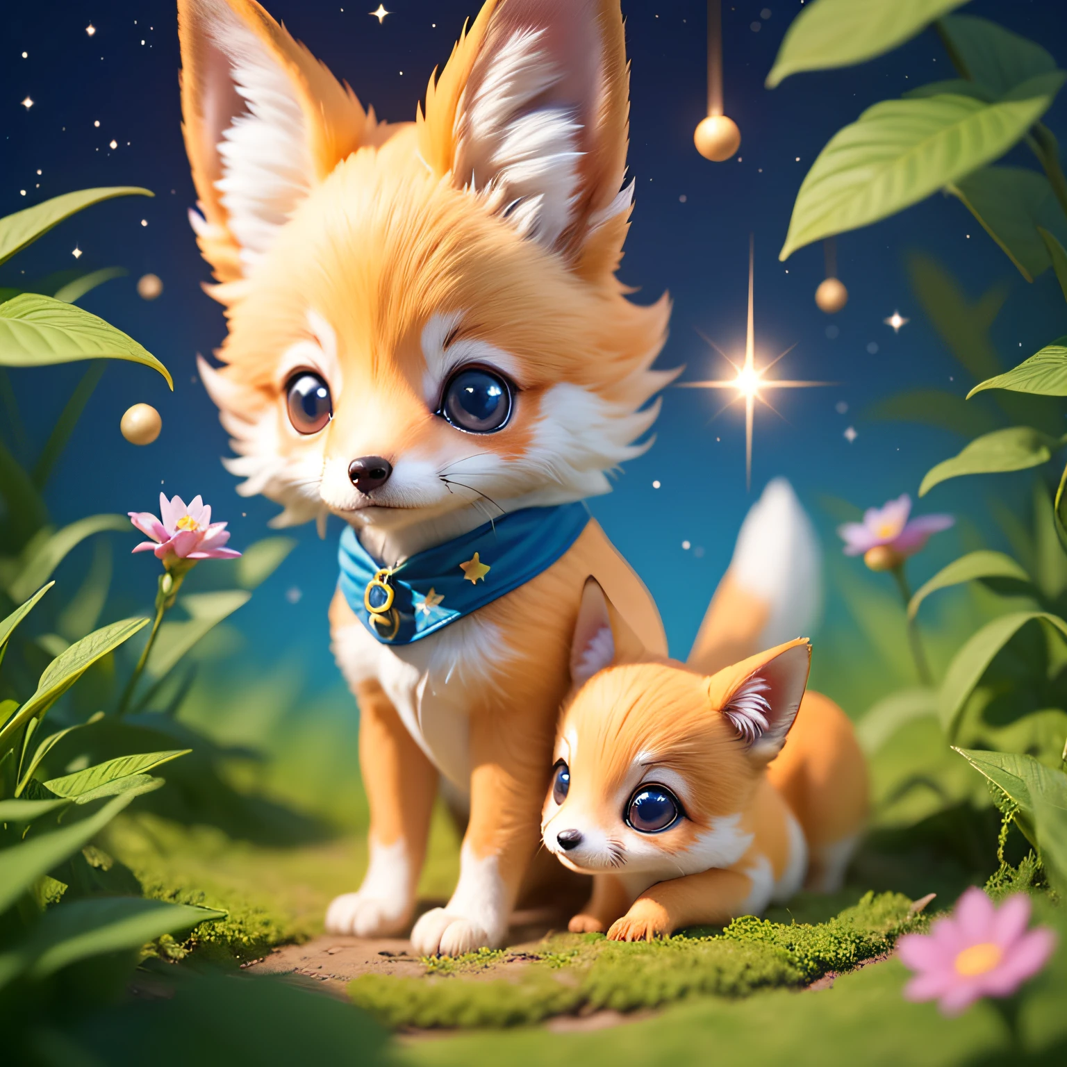 Create a magical atmosphere scene with a baby fox with blue cartoon eyes very cute adorable. This little fox is in a forest in beautiful outer space (parecida com a floresta do filme avatar) , That forest sits on the surface of a cute little plane. And in the sky there's a big glowing planet, muitas estrelas brilhantes, constellations, poeira de estrelas, um foguetinho