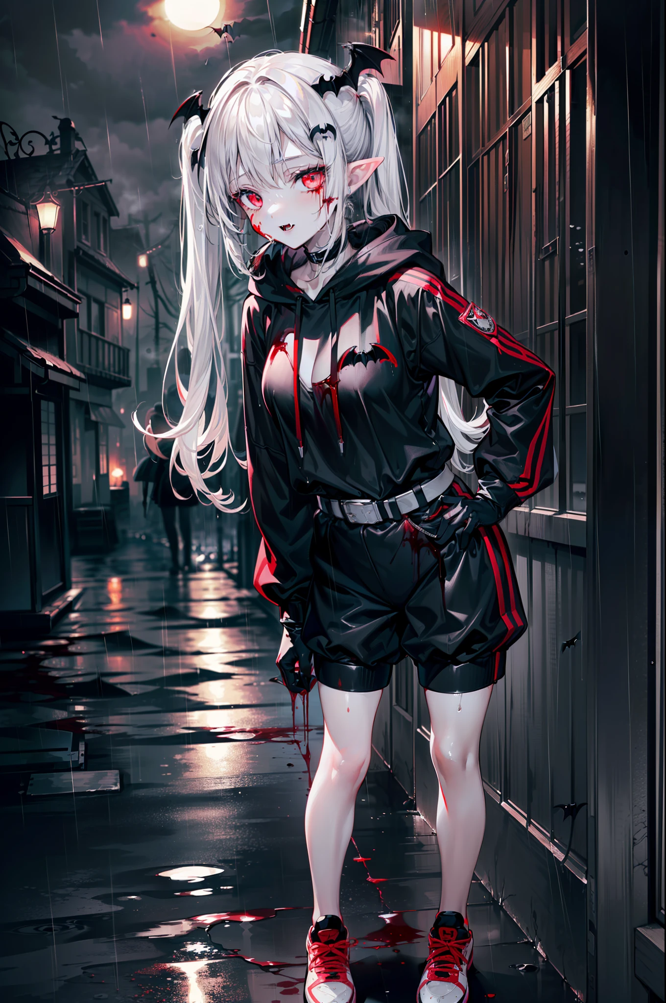 ((masterpiece, best quality, extremely detailed CG, unity 8k wallpaper,anatomically correct,ultra resolution)),Award-winning photography,(best illumination,Very Delicate and Beautiful),(one girl,solo,loli:1.5),(Vampire:1.45),silver hair,(twintails:1.2),glowing red eyes,(pale skin:1.45),(extremely beautiful and detailed face:1.2), (extremely beautiful and detailed eyes:1.2),perfect hands,delicate legs,((bat hair ornament)),(graceful,fashion),pointy ears,((hoodie:1.4,sports shorts,sports shoes,black leather gloves,leg belt)),looking at viewer,hand on hip,hand to own mouth,head tilt,morbid smile,dark persona,evil,(cute:1.5),((night, dark atmosphere, dark theme, darkness:1.5)),dramatic shadows,(dimly lit:1.5),blood on face,blood on floor, blood on walls,(blood mist,blood splash:1.4),depth of field,(Bustling city:1.2,in the rain:1.3),cloudy sky,raining,skyline,(perfect human body structure with maximum precision)